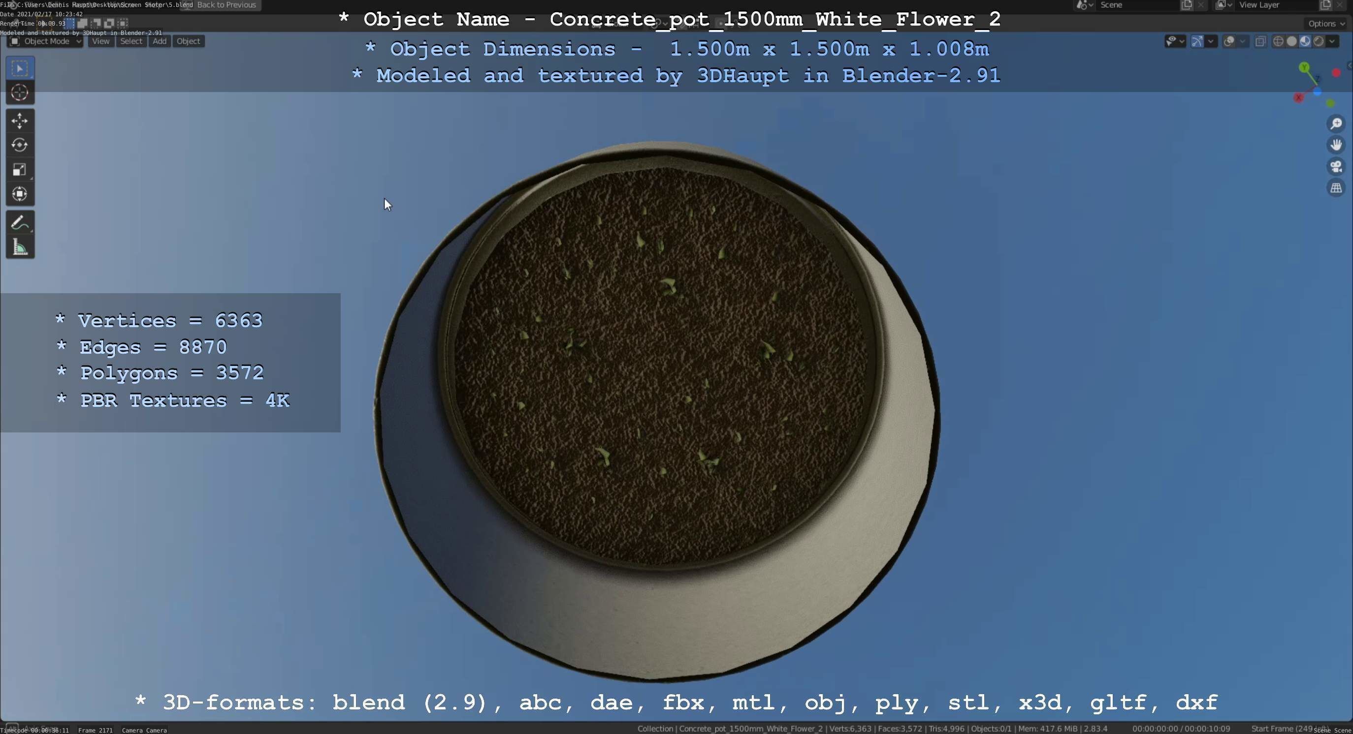 Concrete Pipe Pot 1500mm with White Version 2 Low-poly 3D model_45