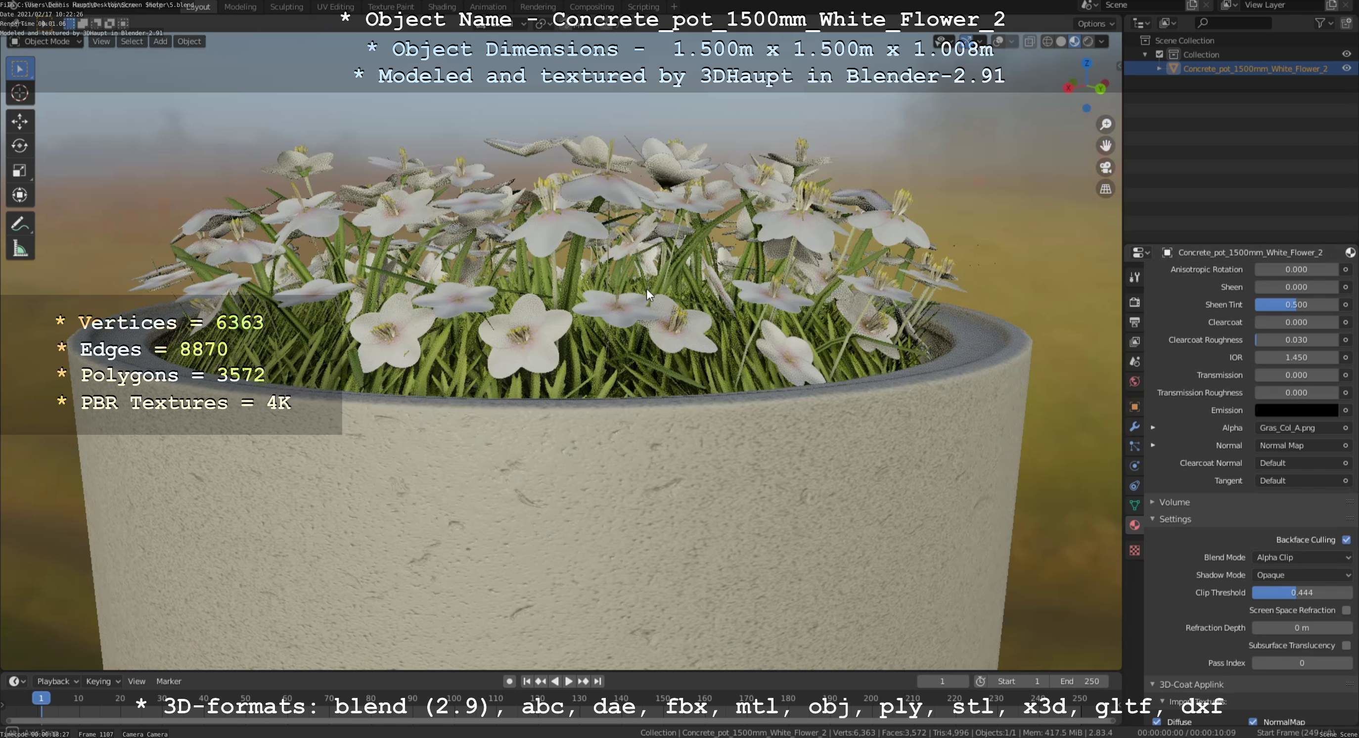 Concrete Pipe Pot 1500mm with White Version 2 Low-poly 3D model_92