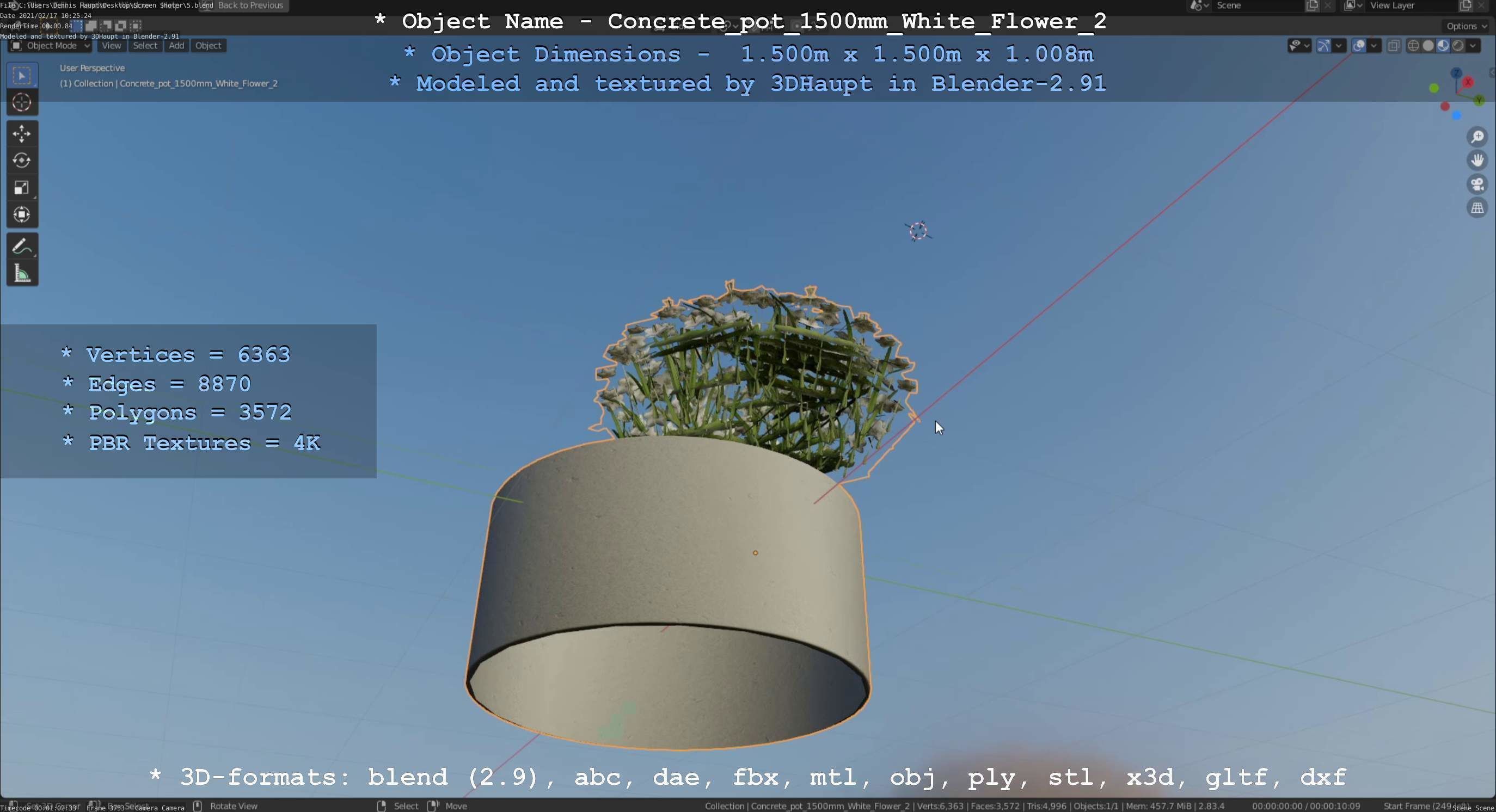Concrete Pipe Pot 1500mm with White Version 2 Low-poly 3D model_70