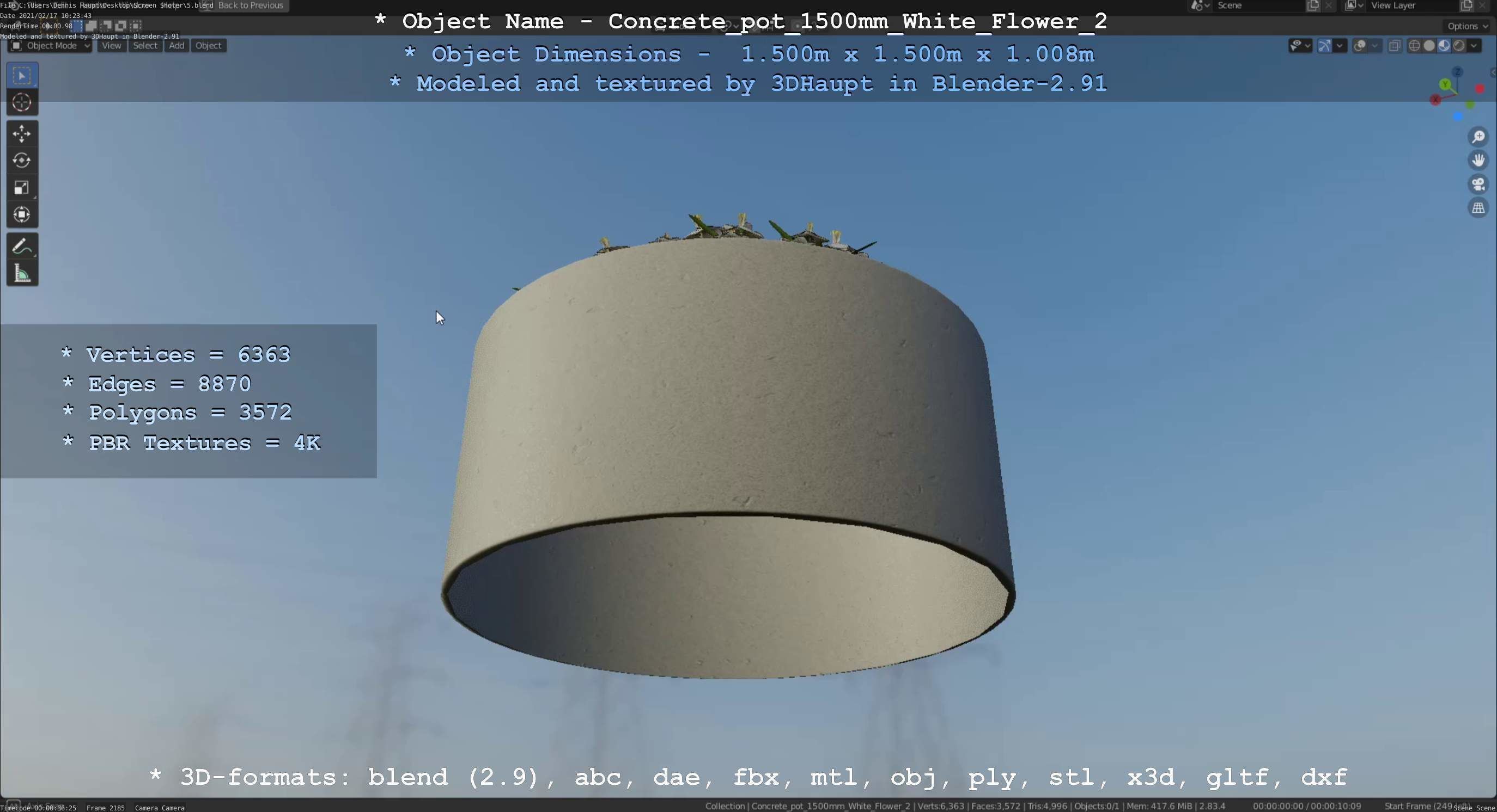 Concrete Pipe Pot 1500mm with White Version 2 Low-poly 3D model_56