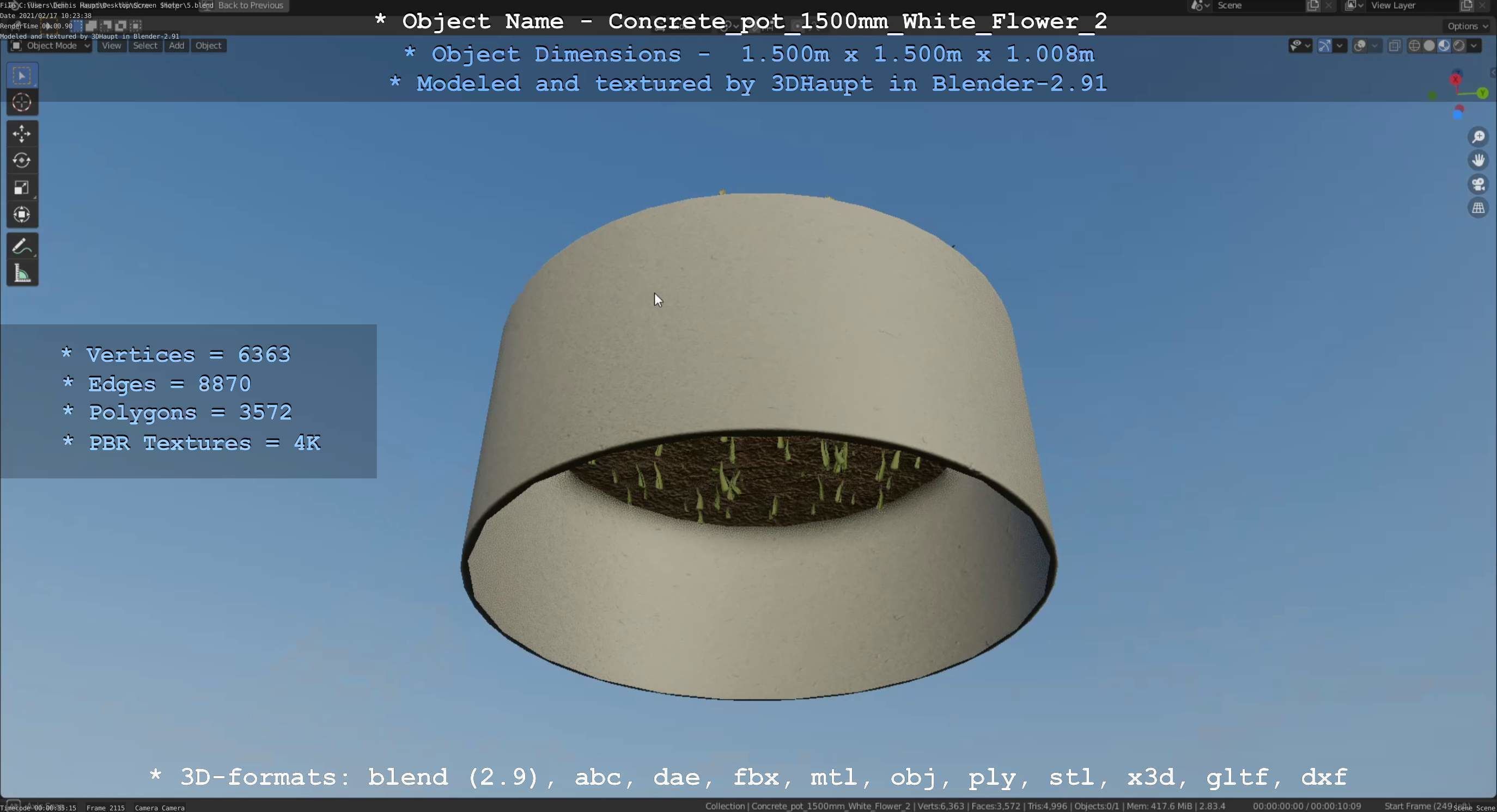Concrete Pipe Pot 1500mm with White Version 2 Low-poly 3D model_125