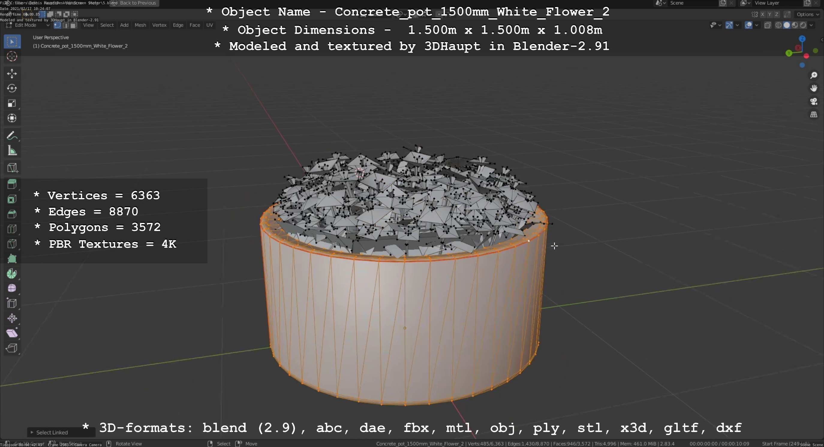 Concrete Pipe Pot 1500mm with White Version 2 Low-poly 3D model_128