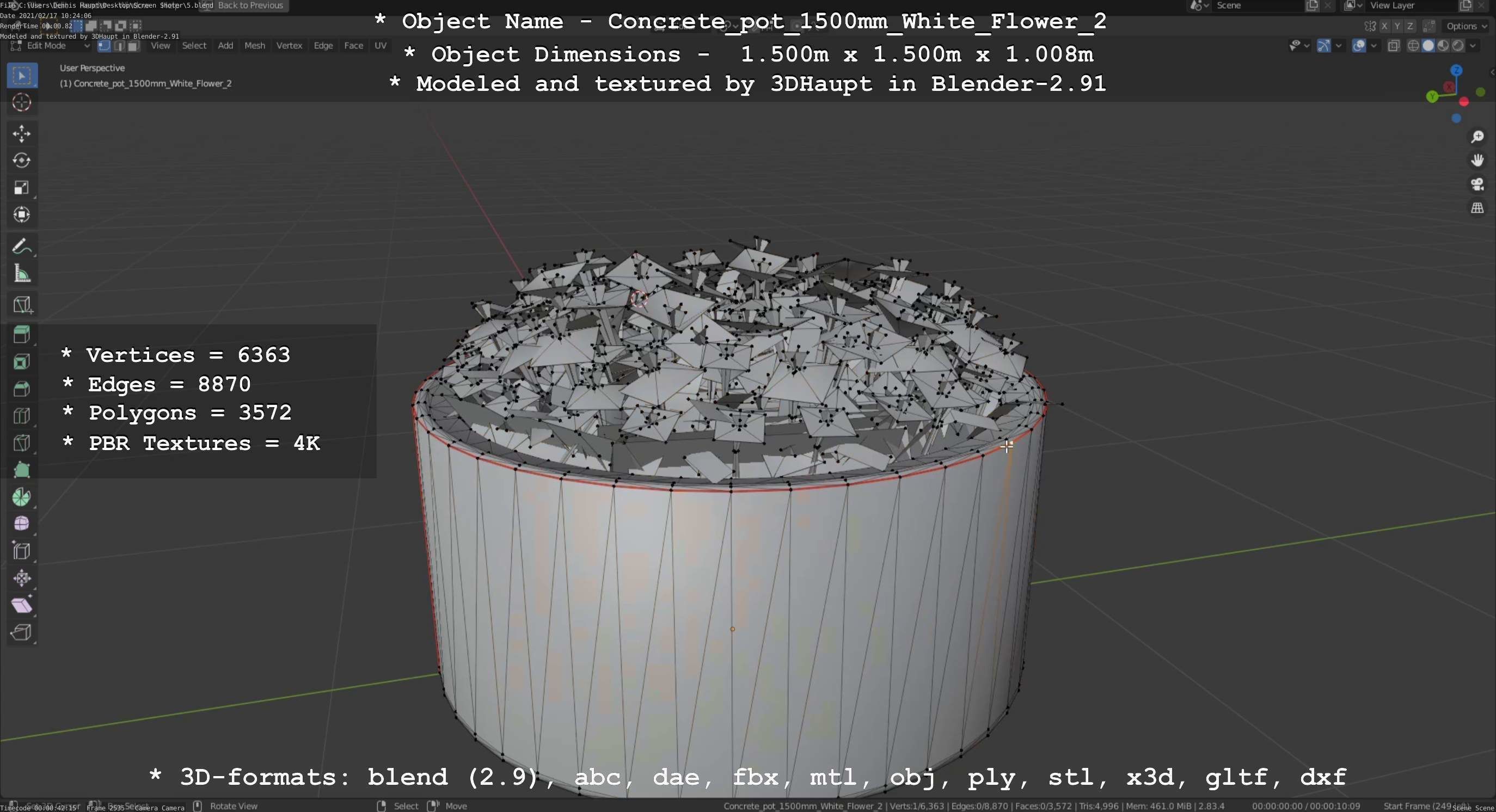 Concrete Pipe Pot 1500mm with White Version 2 Low-poly 3D model_122