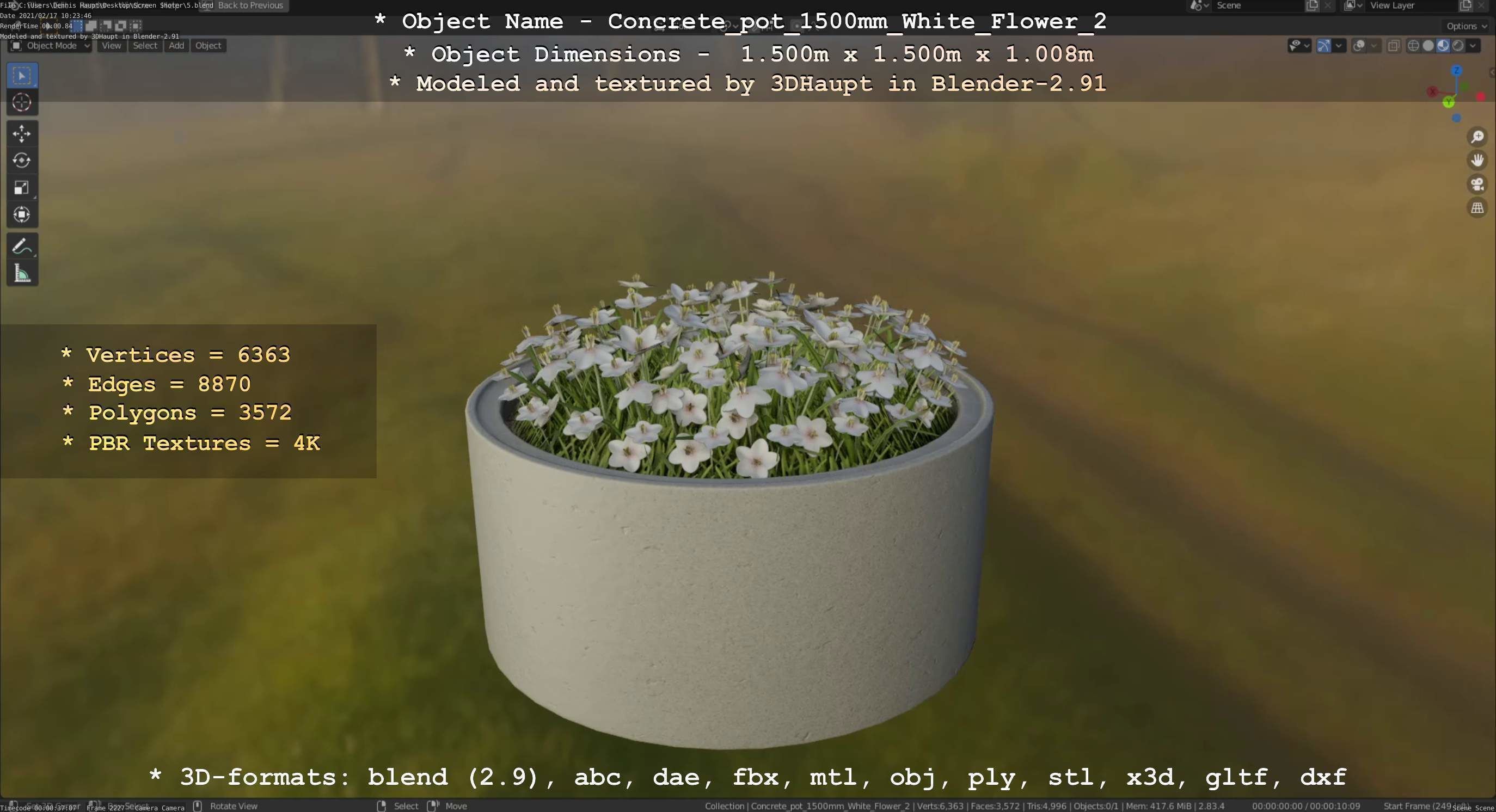 Concrete Pipe Pot 1500mm with White Version 2 Low-poly 3D model_8