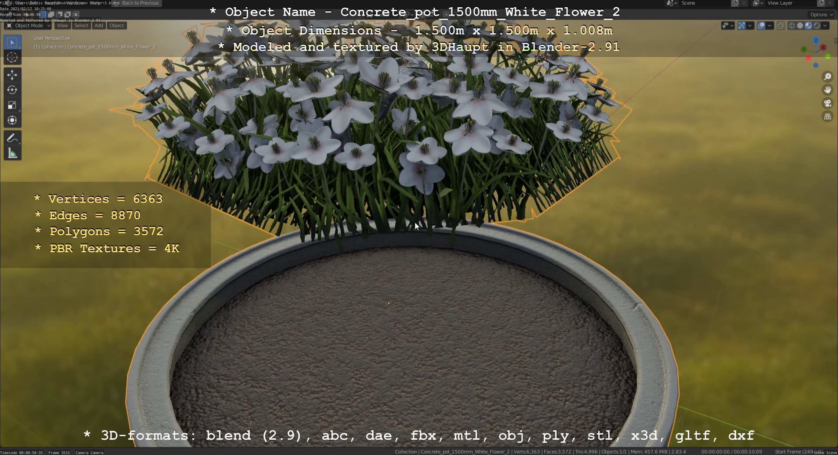 Concrete Pipe Pot 1500mm with White Version 2 Low-poly 3D model_64