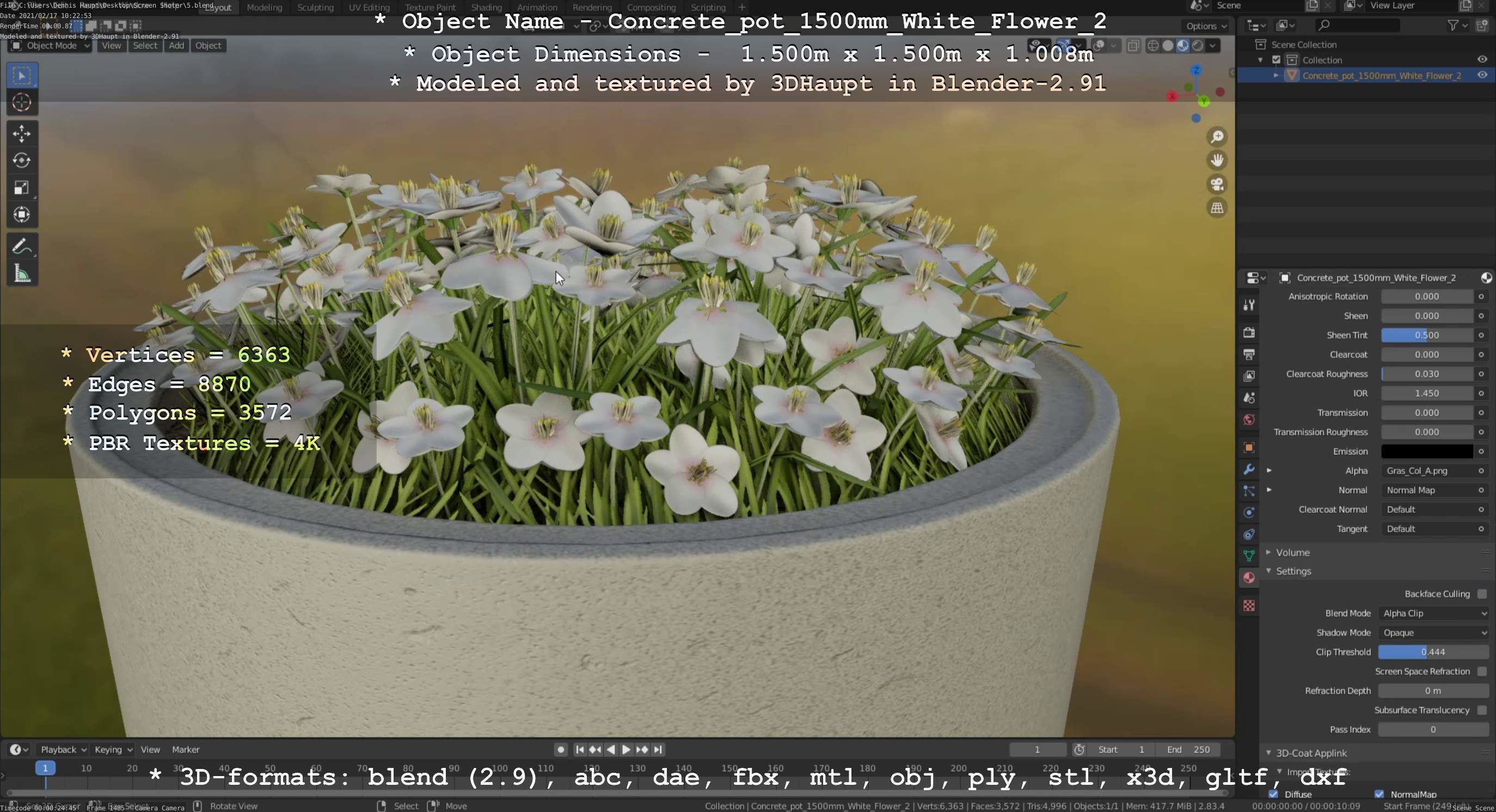 Concrete Pipe Pot 1500mm with White Version 2 Low-poly 3D model_101