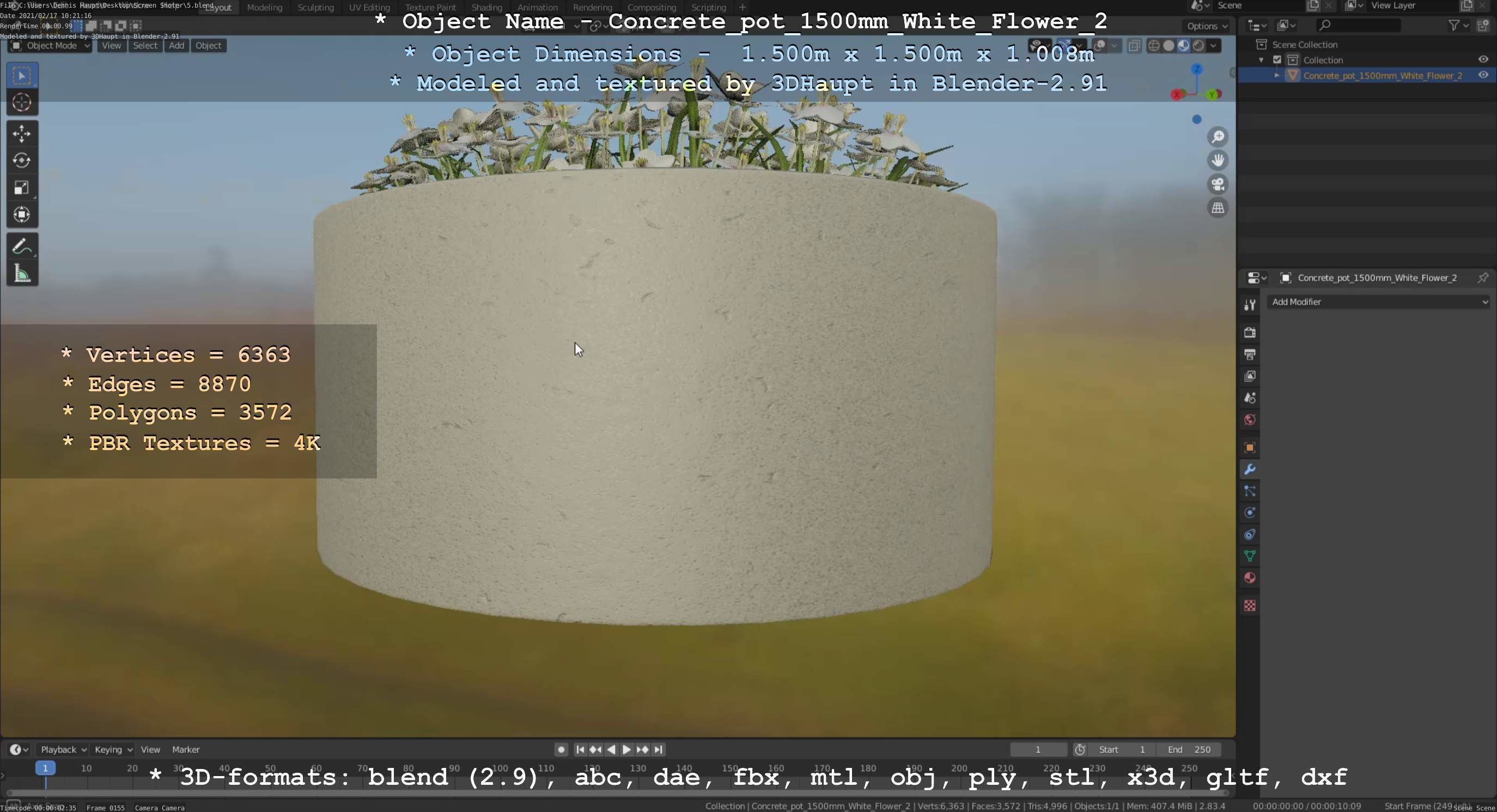 Concrete Pipe Pot 1500mm with White Version 2 Low-poly 3D model_73