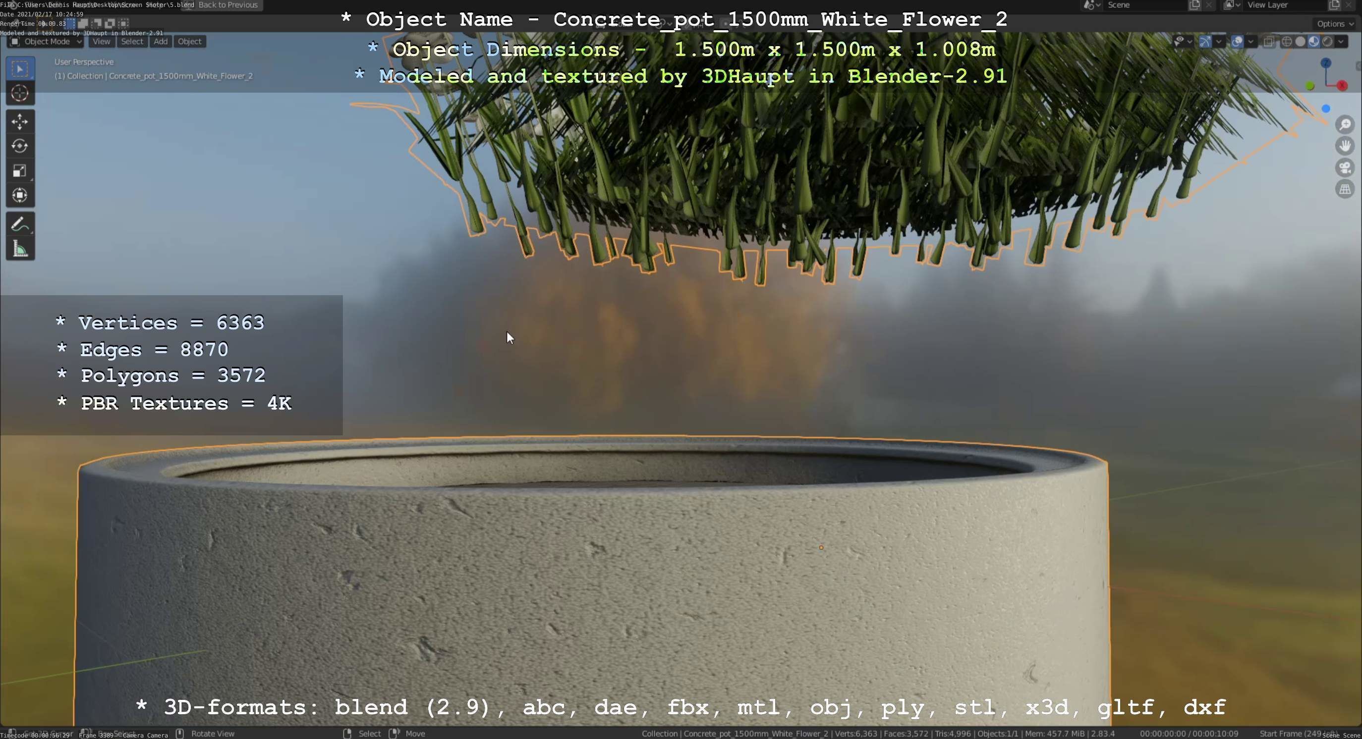 Concrete Pipe Pot 1500mm with White Version 2 Low-poly 3D model_21