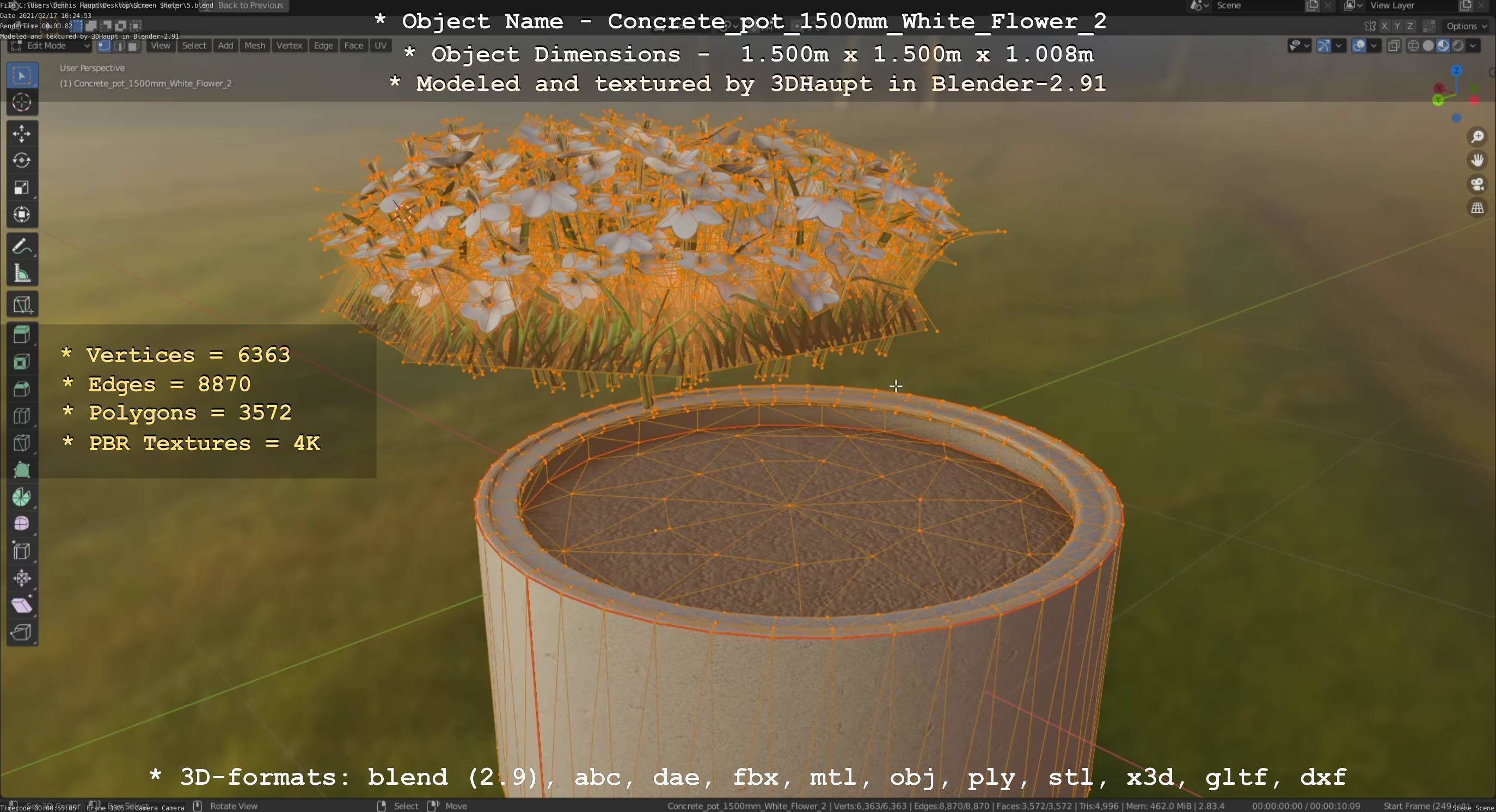 Concrete Pipe Pot 1500mm with White Version 2 Low-poly 3D model_60