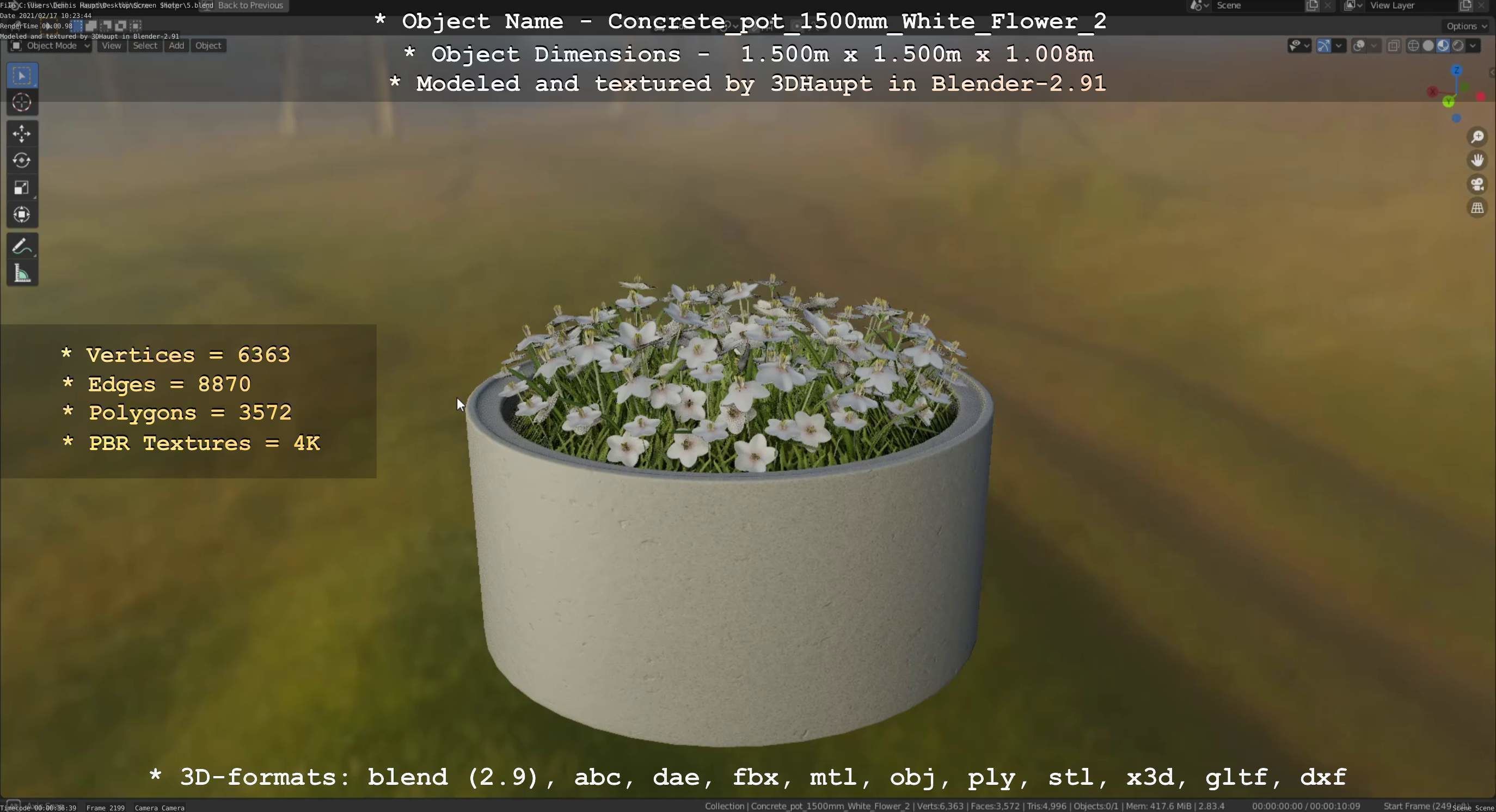 Concrete Pipe Pot 1500mm with White Version 2 Low-poly 3D model_67