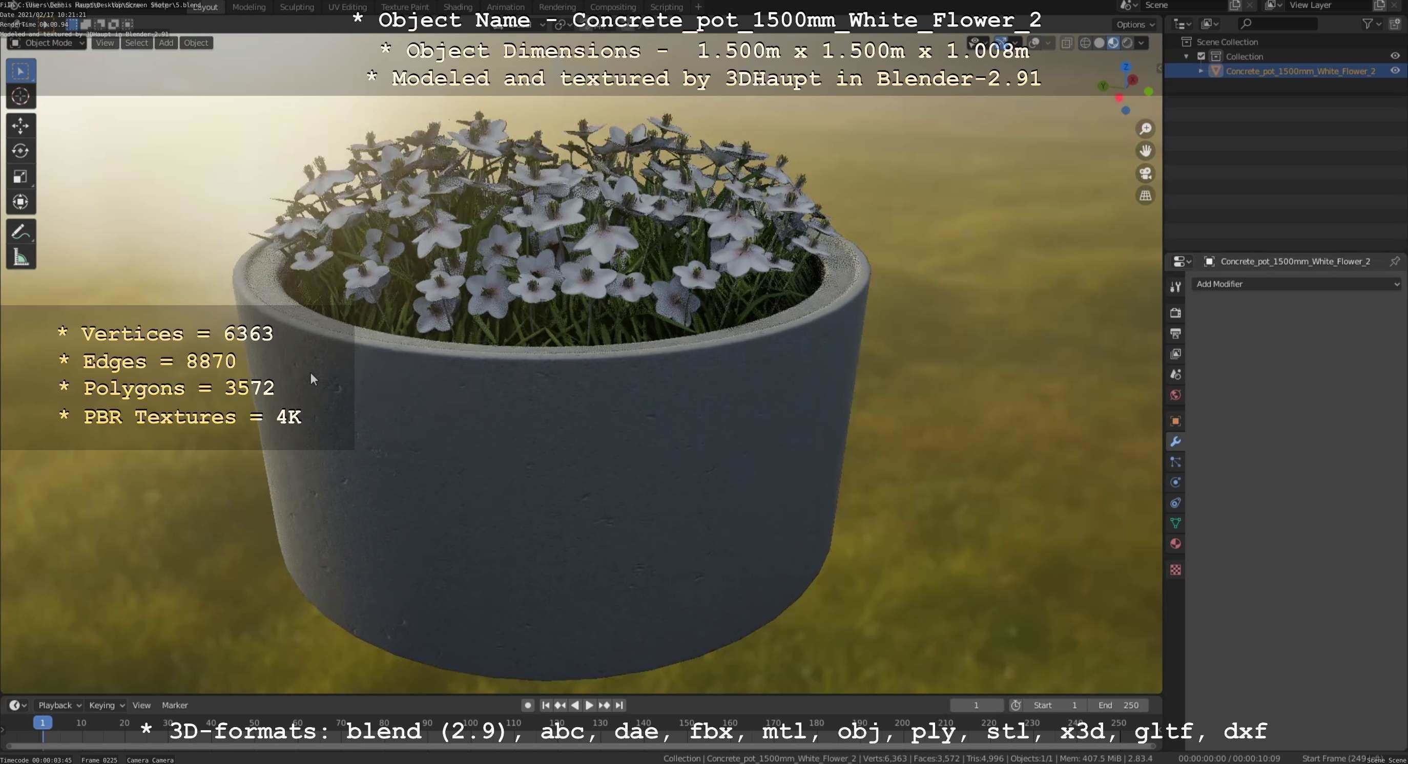 Concrete Pipe Pot 1500mm with White Version 2 Low-poly 3D model_76