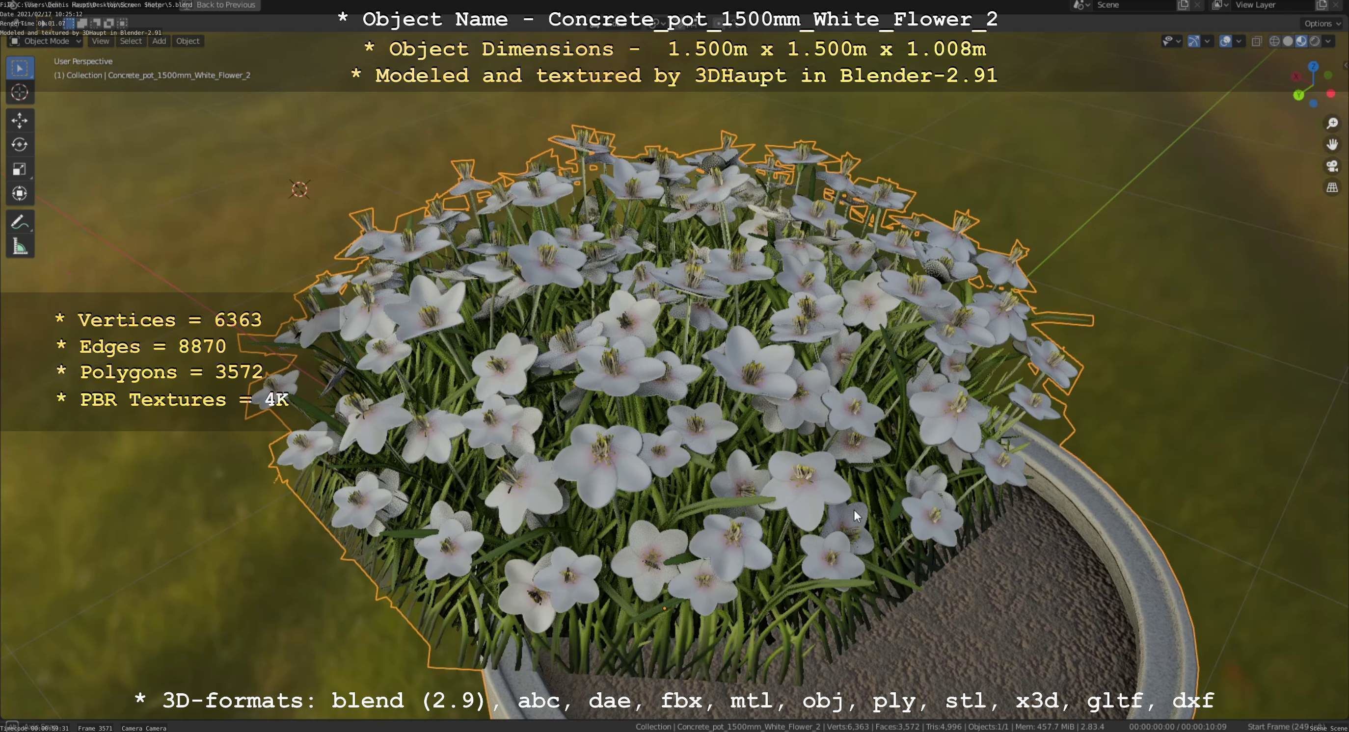 Concrete Pipe Pot 1500mm with White Version 2 Low-poly 3D model_69