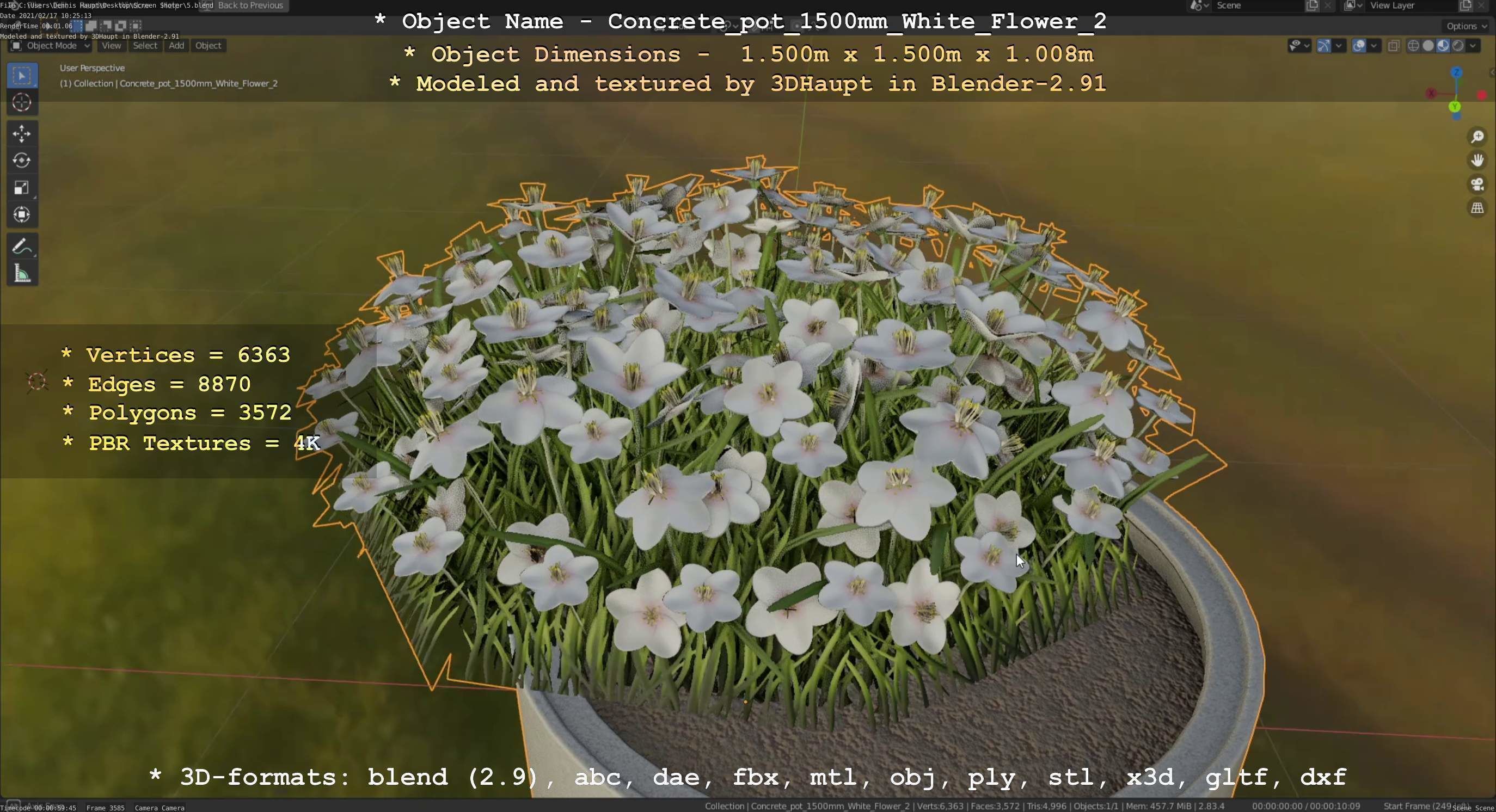 Concrete Pipe Pot 1500mm with White Version 2 Low-poly 3D model_25