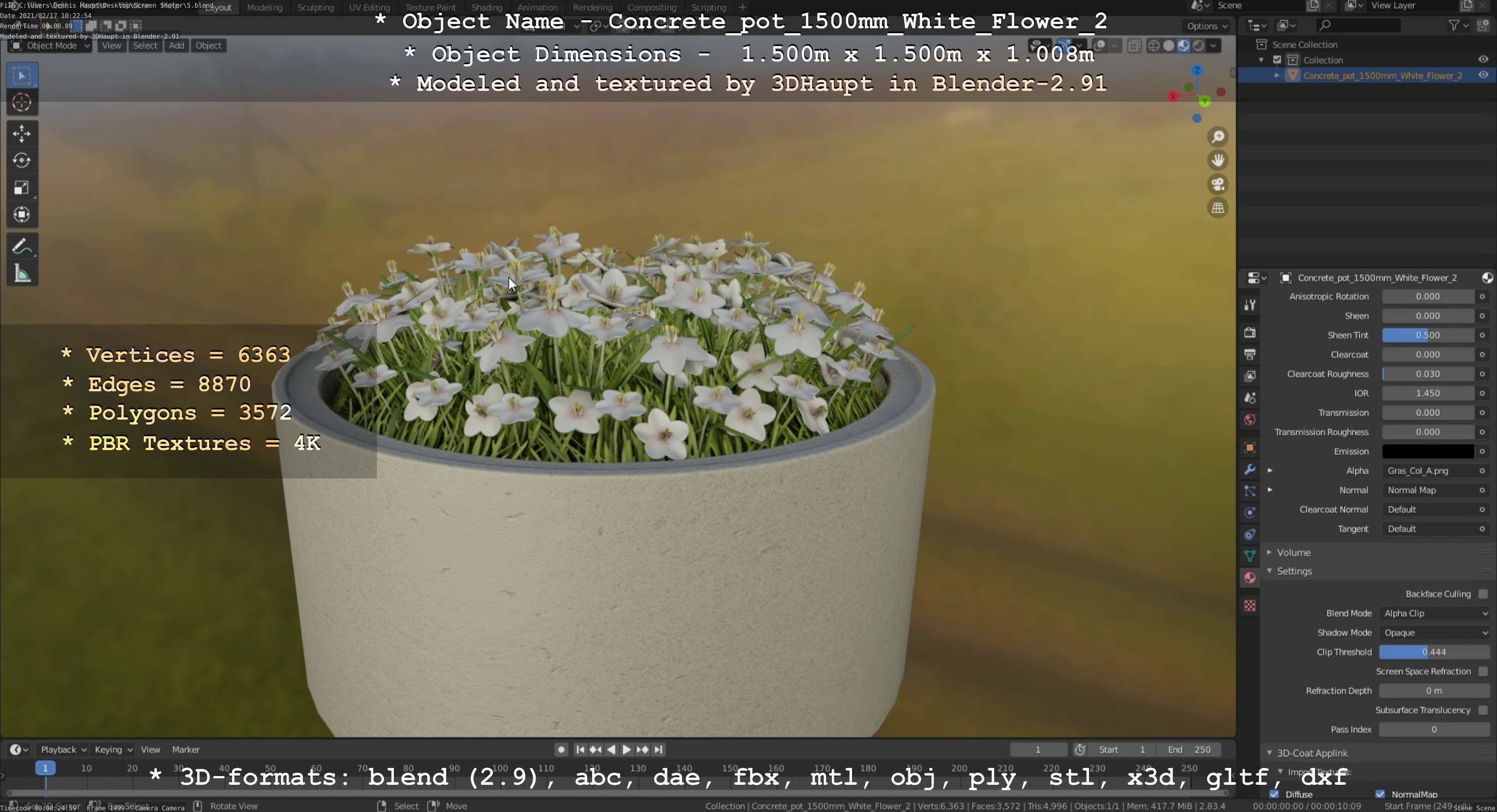 Concrete Pipe Pot 1500mm with White Version 2 Low-poly 3D model_102