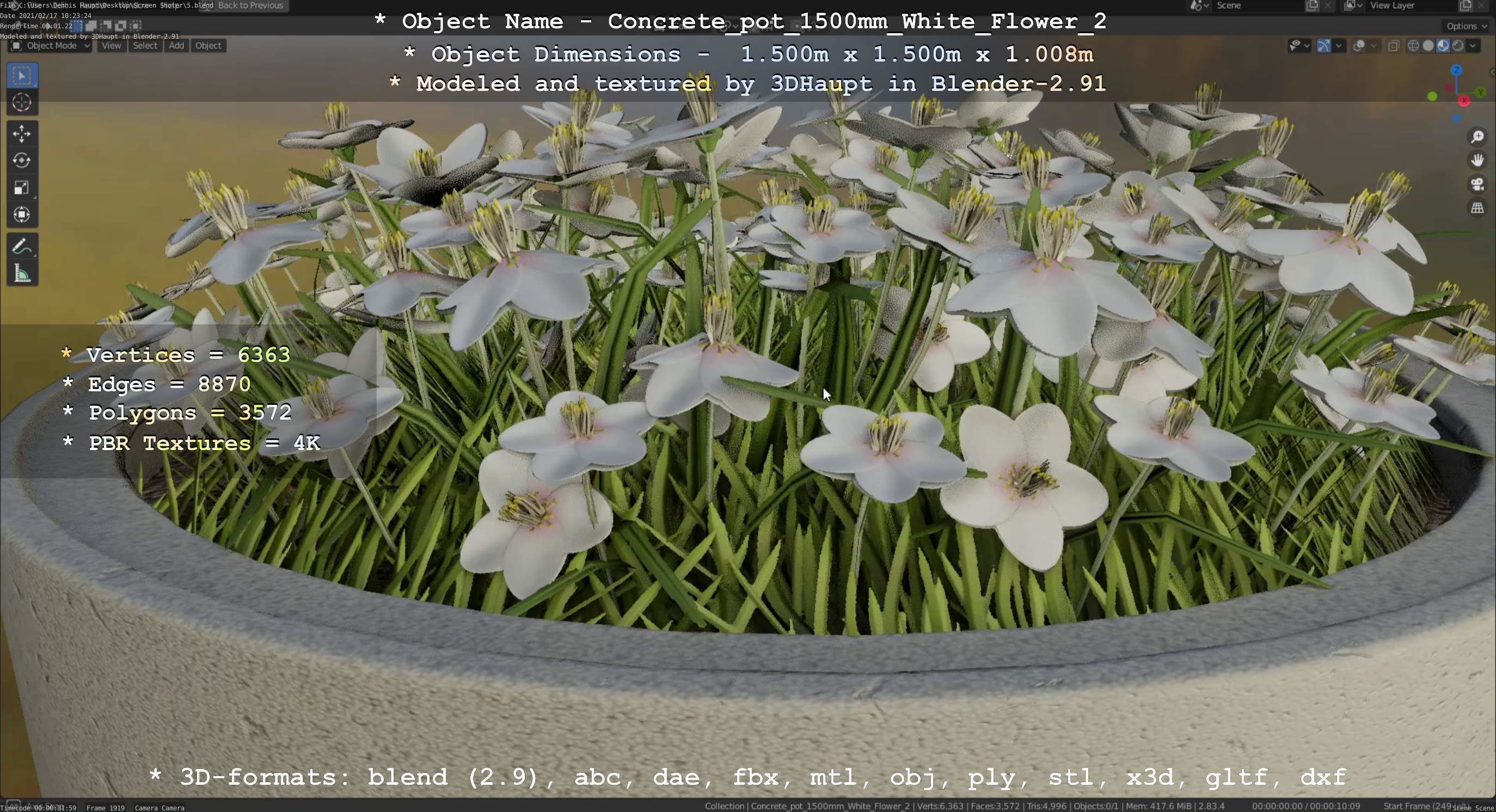 Concrete Pipe Pot 1500mm with White Version 2 Low-poly 3D model_117