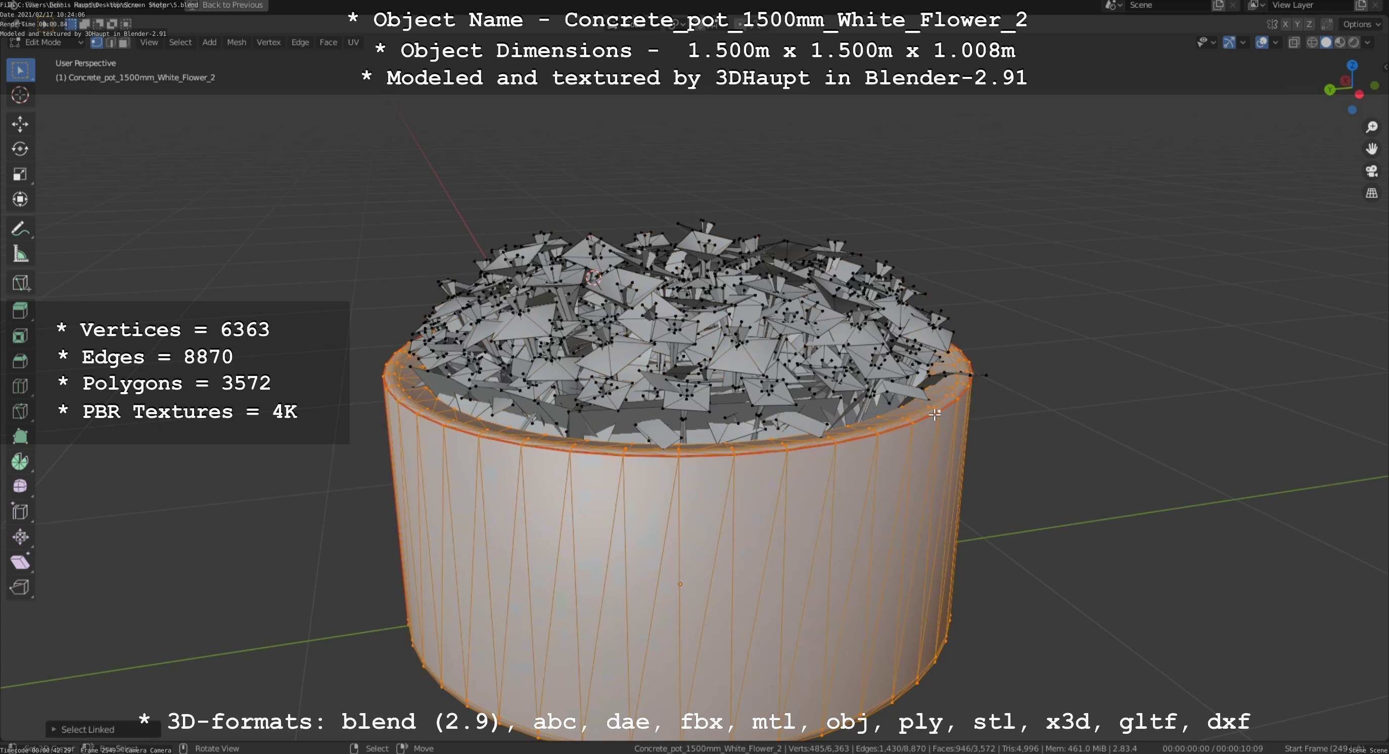 Concrete Pipe Pot 1500mm with White Version 2 Low-poly 3D model_10