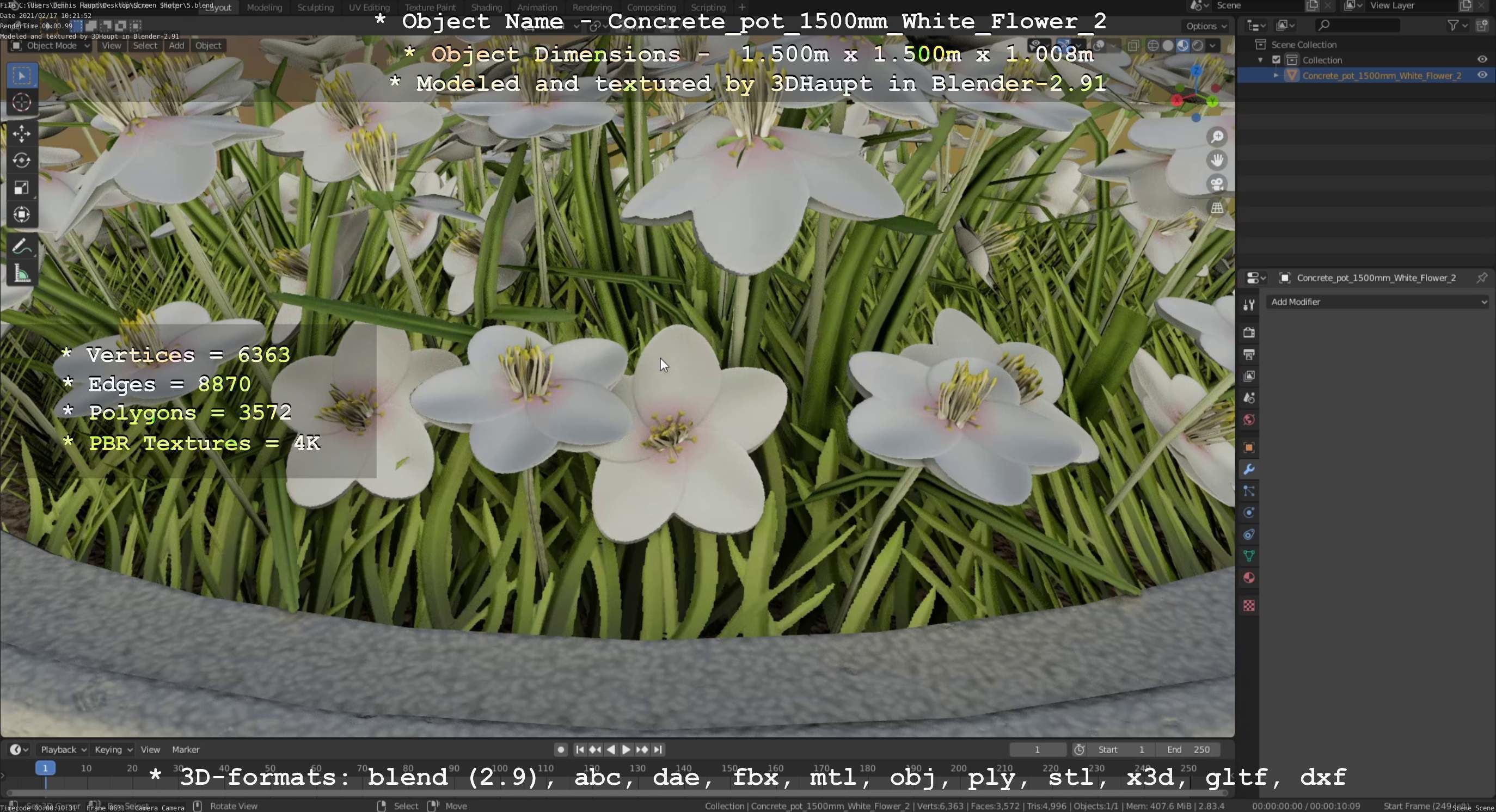 Concrete Pipe Pot 1500mm with White Version 2 Low-poly 3D model_77