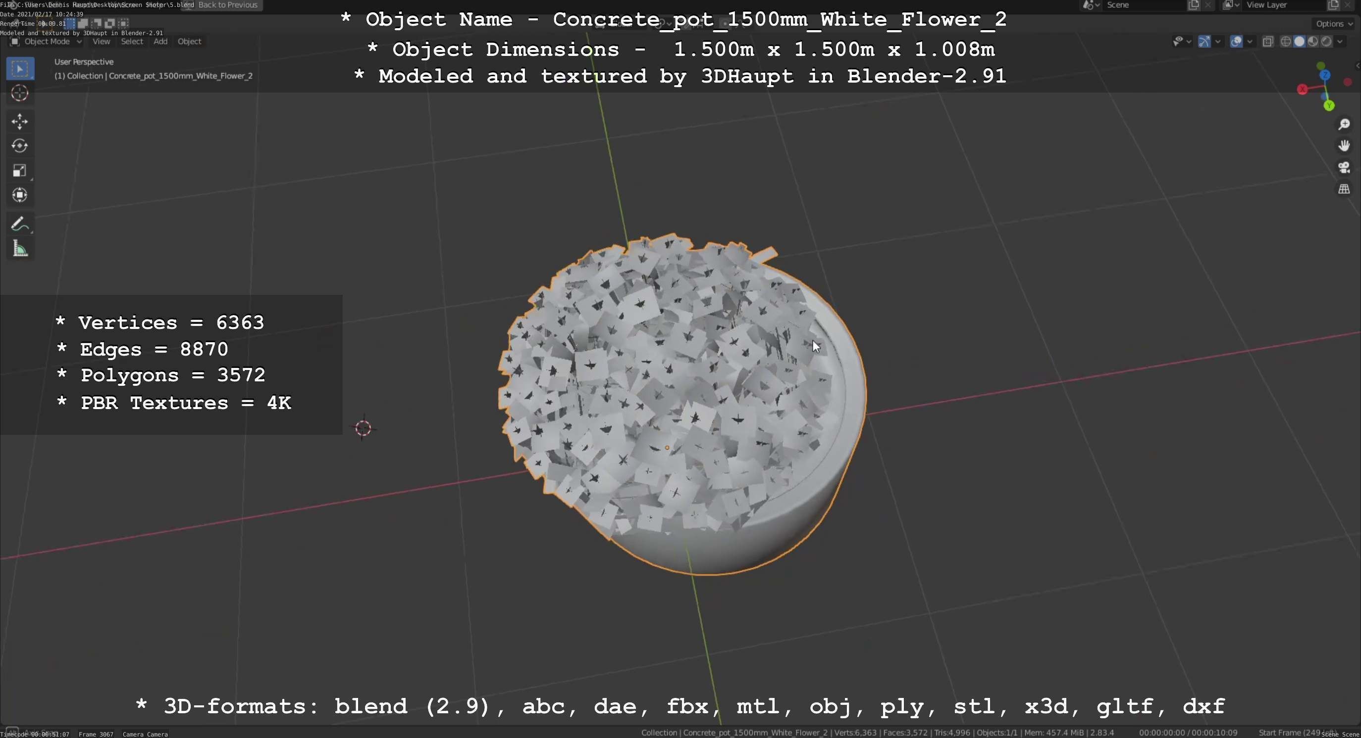 Concrete Pipe Pot 1500mm with White Version 2 Low-poly 3D model_16