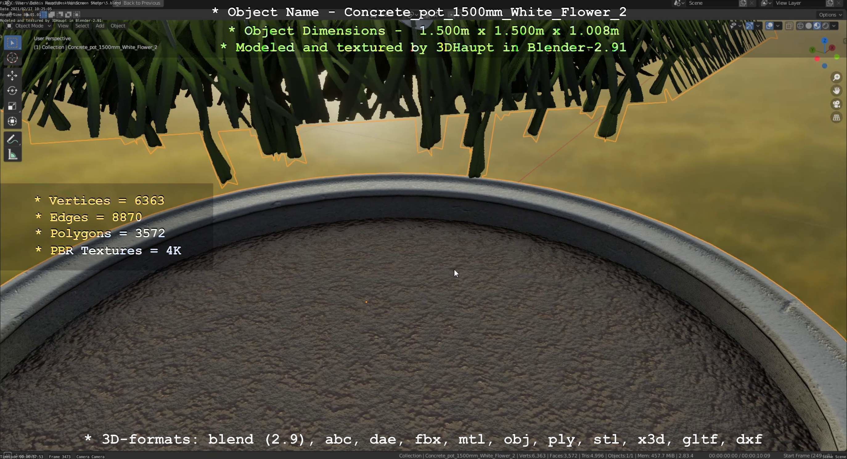 Concrete Pipe Pot 1500mm with White Version 2 Low-poly 3D model_62