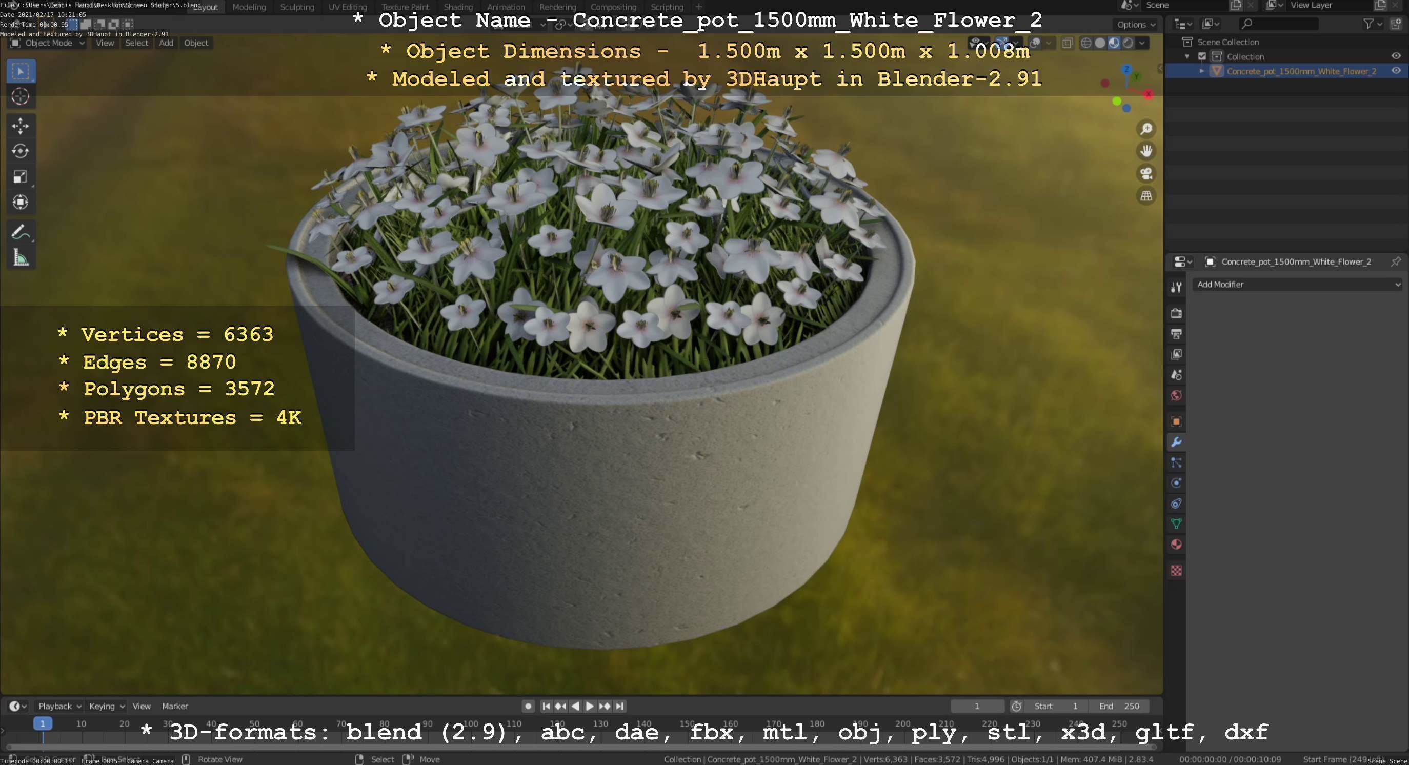Concrete Pipe Pot 1500mm with White Version 2 Low-poly 3D model_32