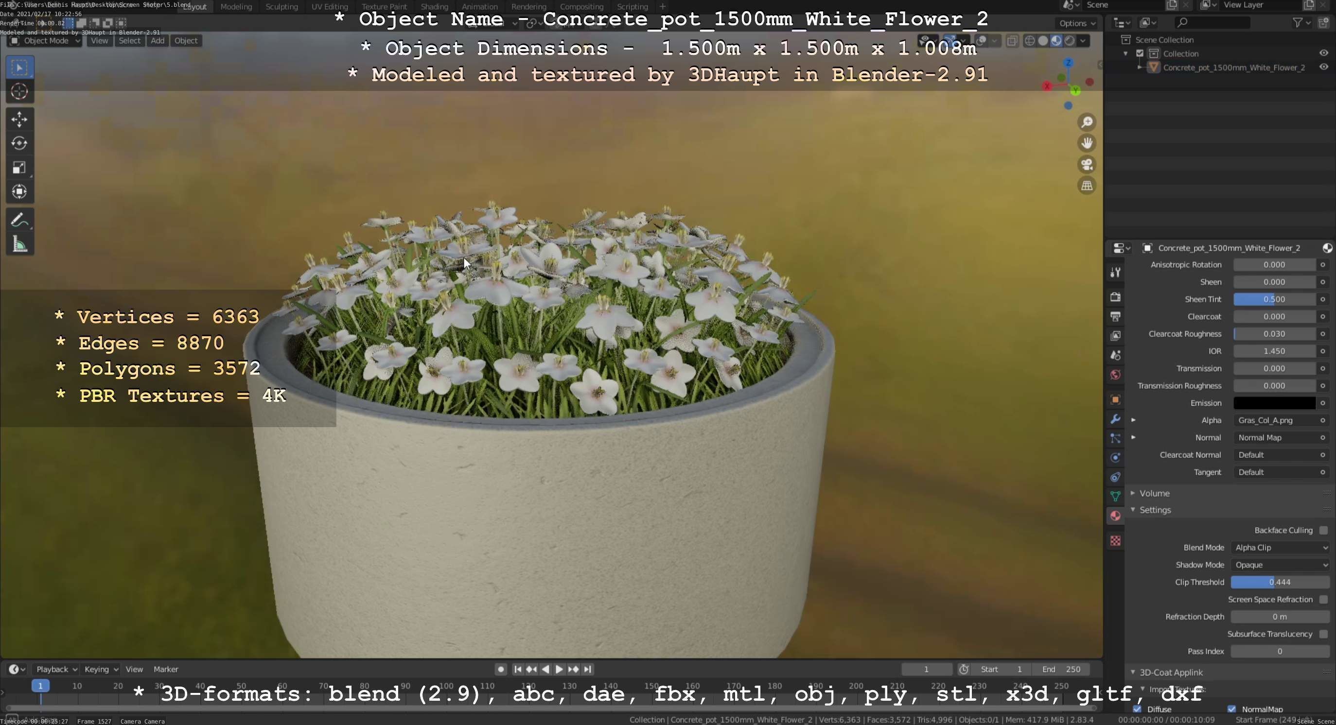 Concrete Pipe Pot 1500mm with White Version 2 Low-poly 3D model_104