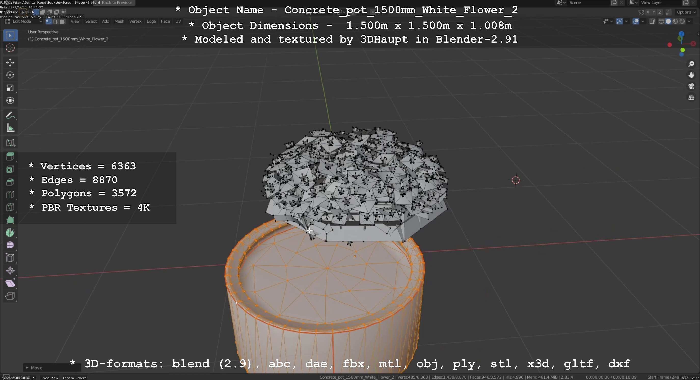 Concrete Pipe Pot 1500mm with White Version 2 Low-poly 3D model_52