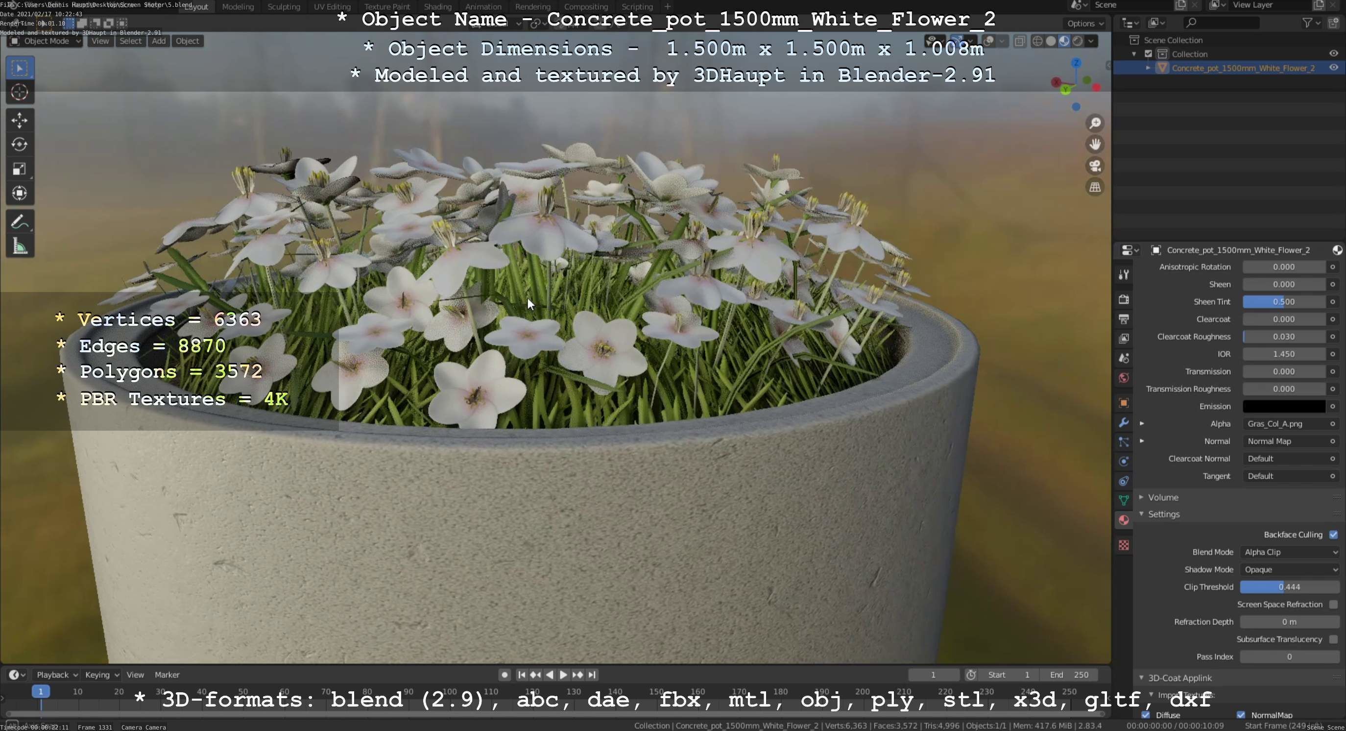 Concrete Pipe Pot 1500mm with White Version 2 Low-poly 3D model_94