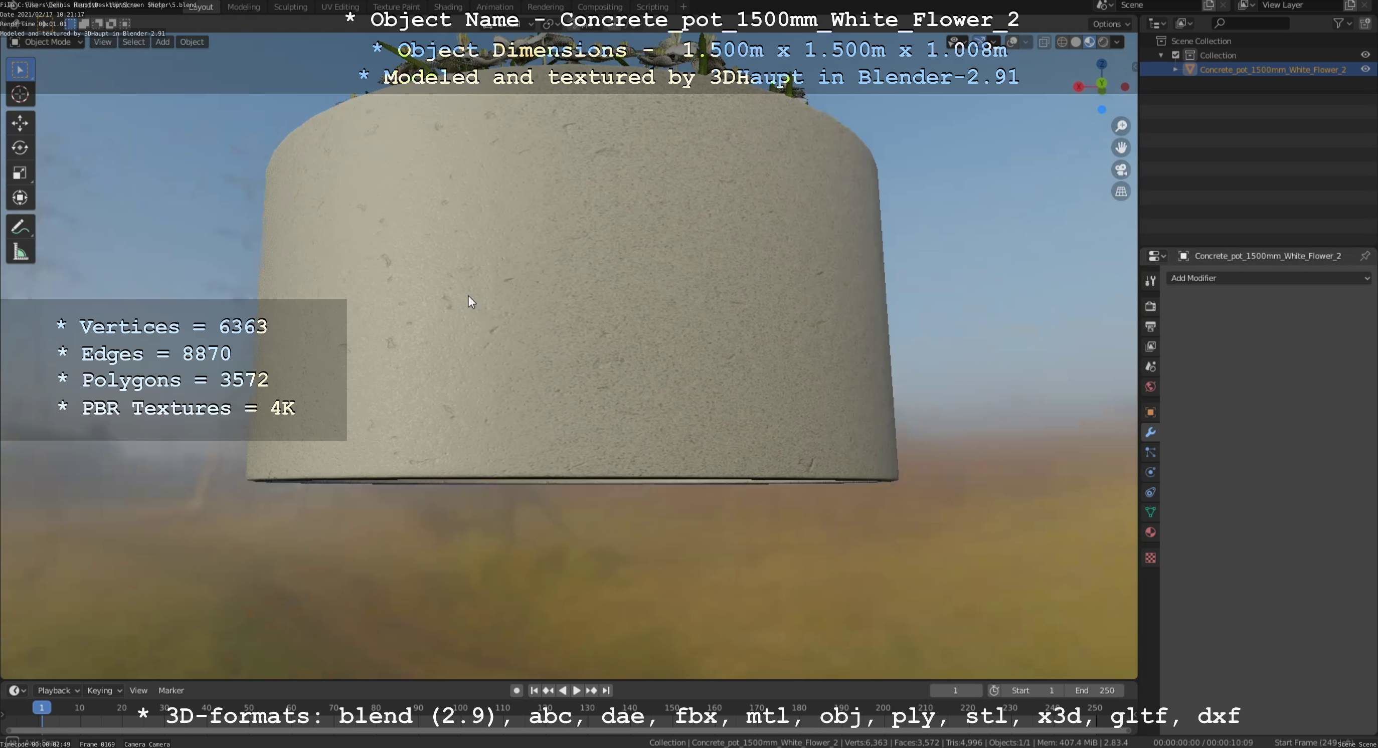 Concrete Pipe Pot 1500mm with White Version 2 Low-poly 3D model_74