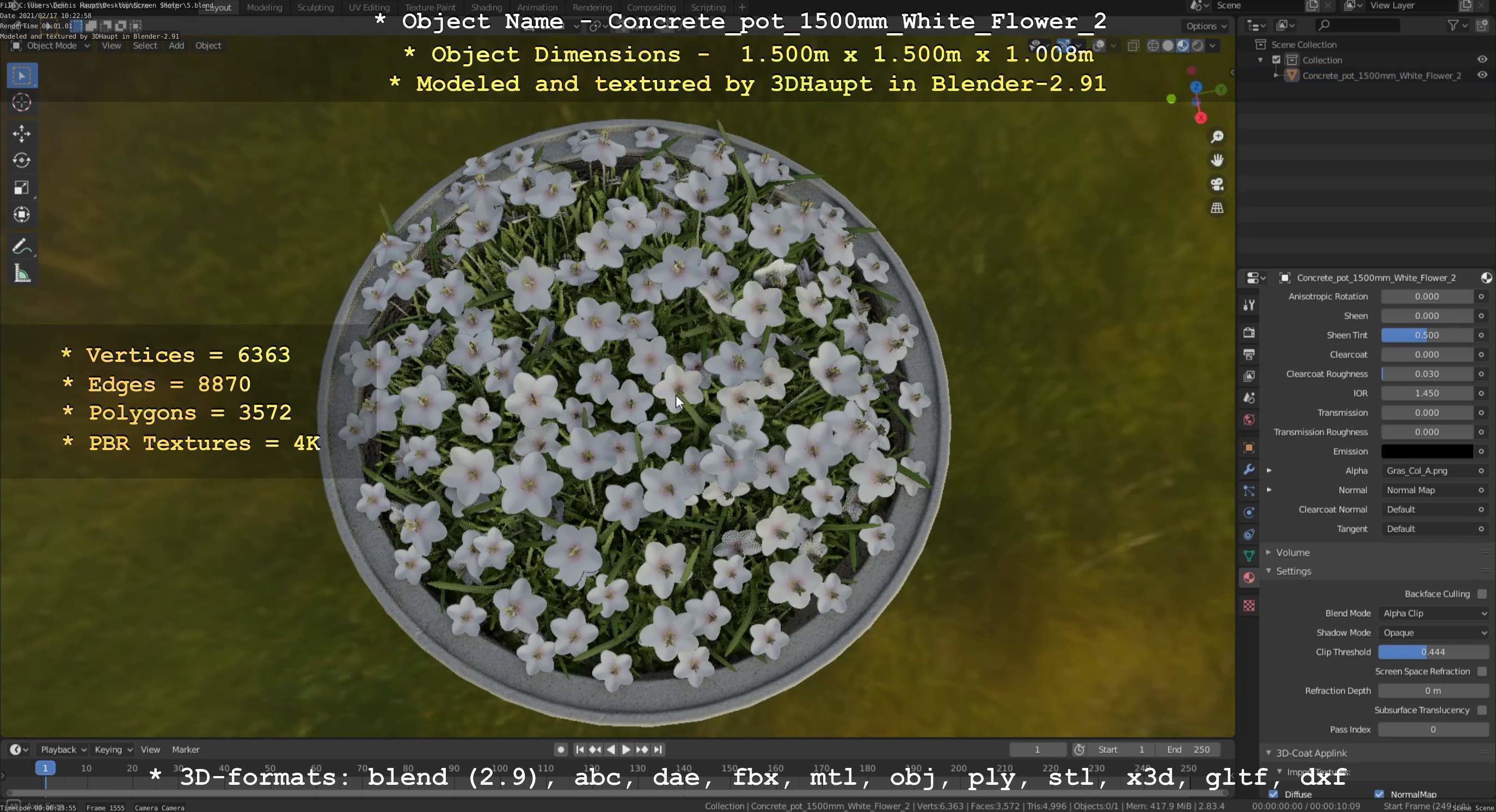 Concrete Pipe Pot 1500mm with White Version 2 Low-poly 3D model_41