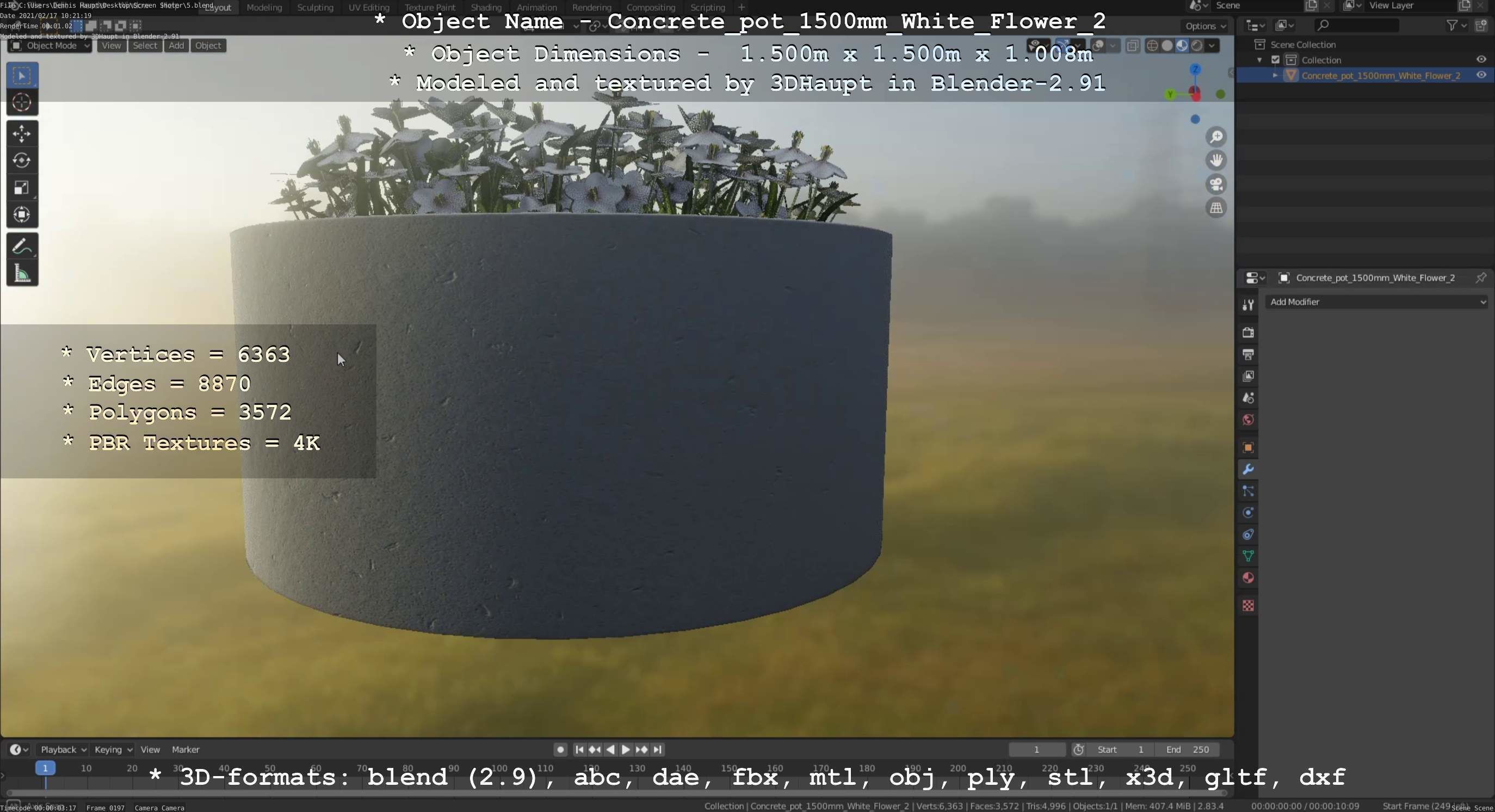 Concrete Pipe Pot 1500mm with White Version 2 Low-poly 3D model_75