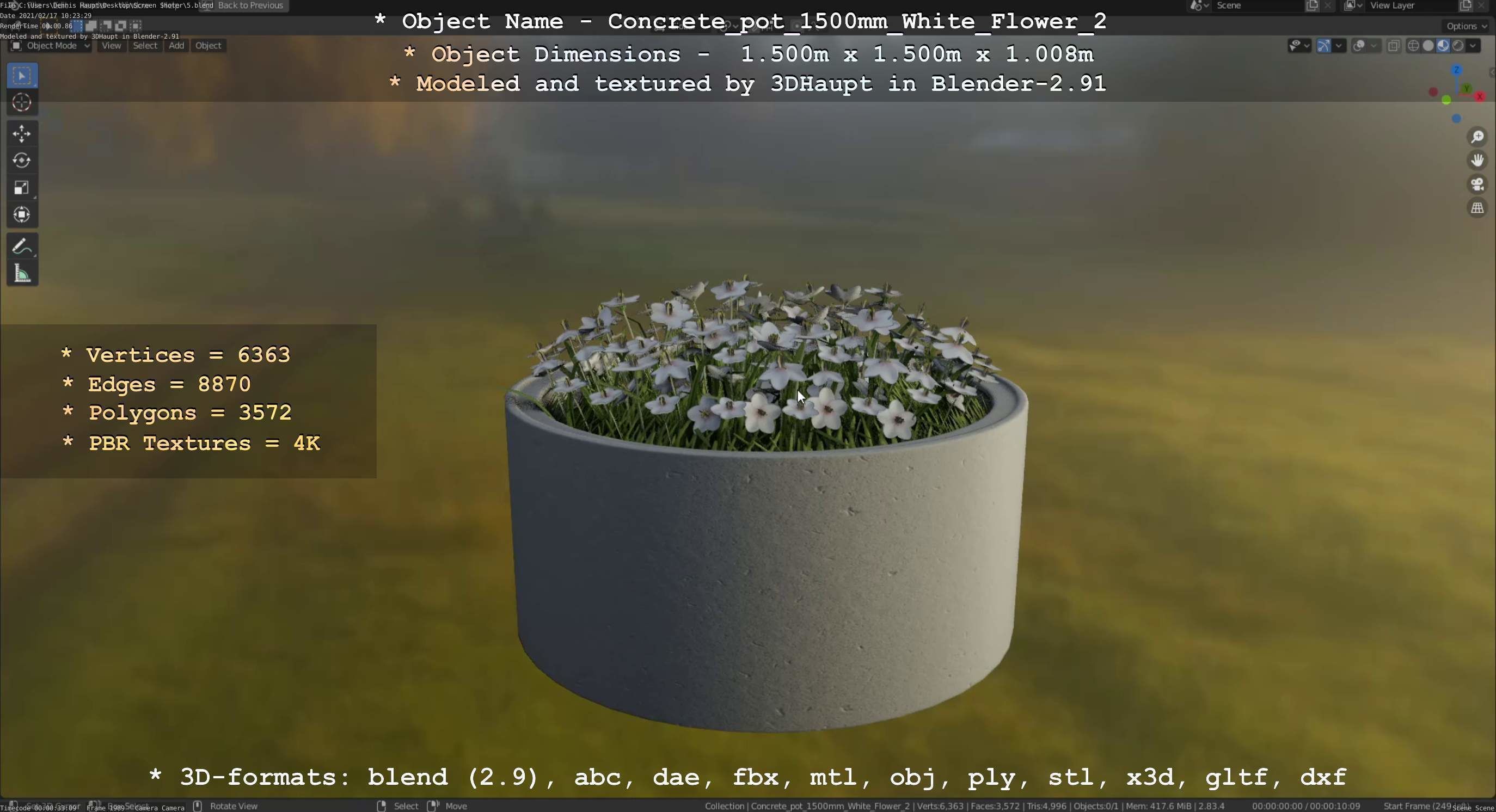 Concrete Pipe Pot 1500mm with White Version 2 Low-poly 3D model_5