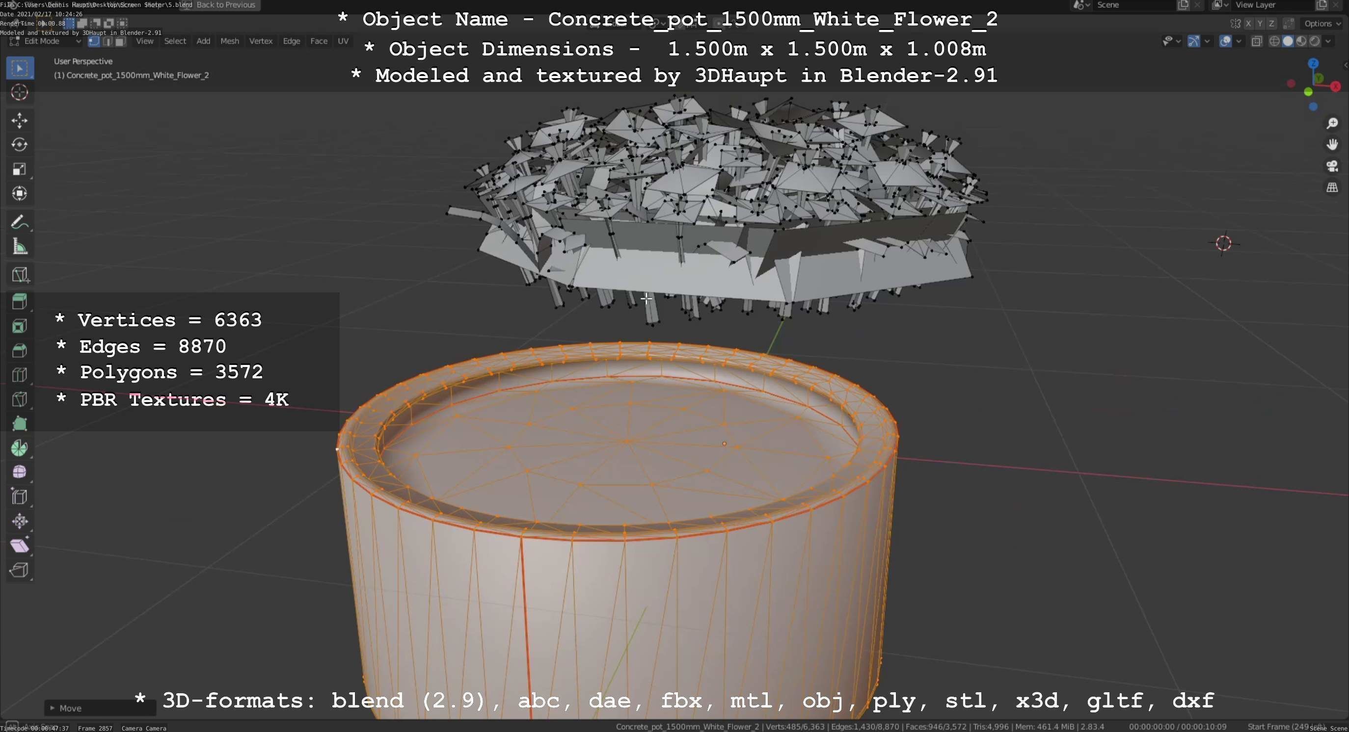 Concrete Pipe Pot 1500mm with White Version 2 Low-poly 3D model_57