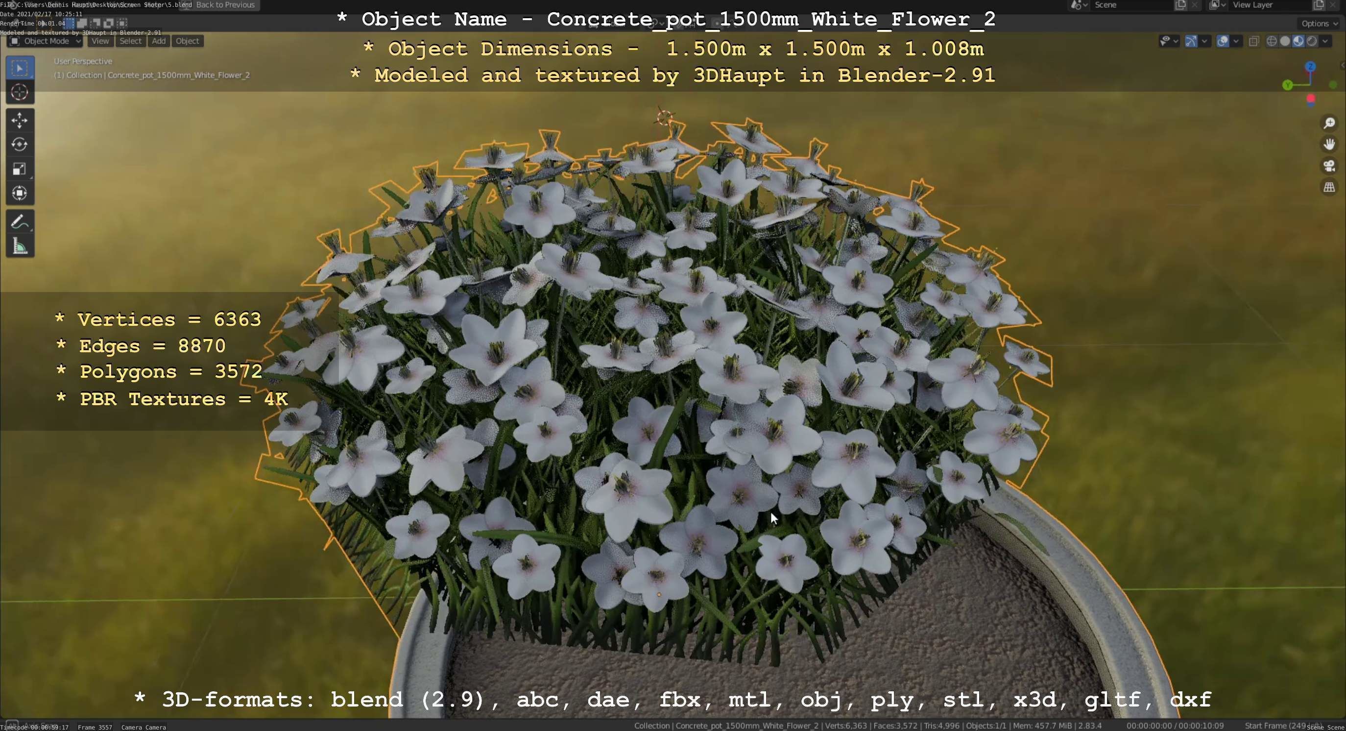 Concrete Pipe Pot 1500mm with White Version 2 Low-poly 3D model_68