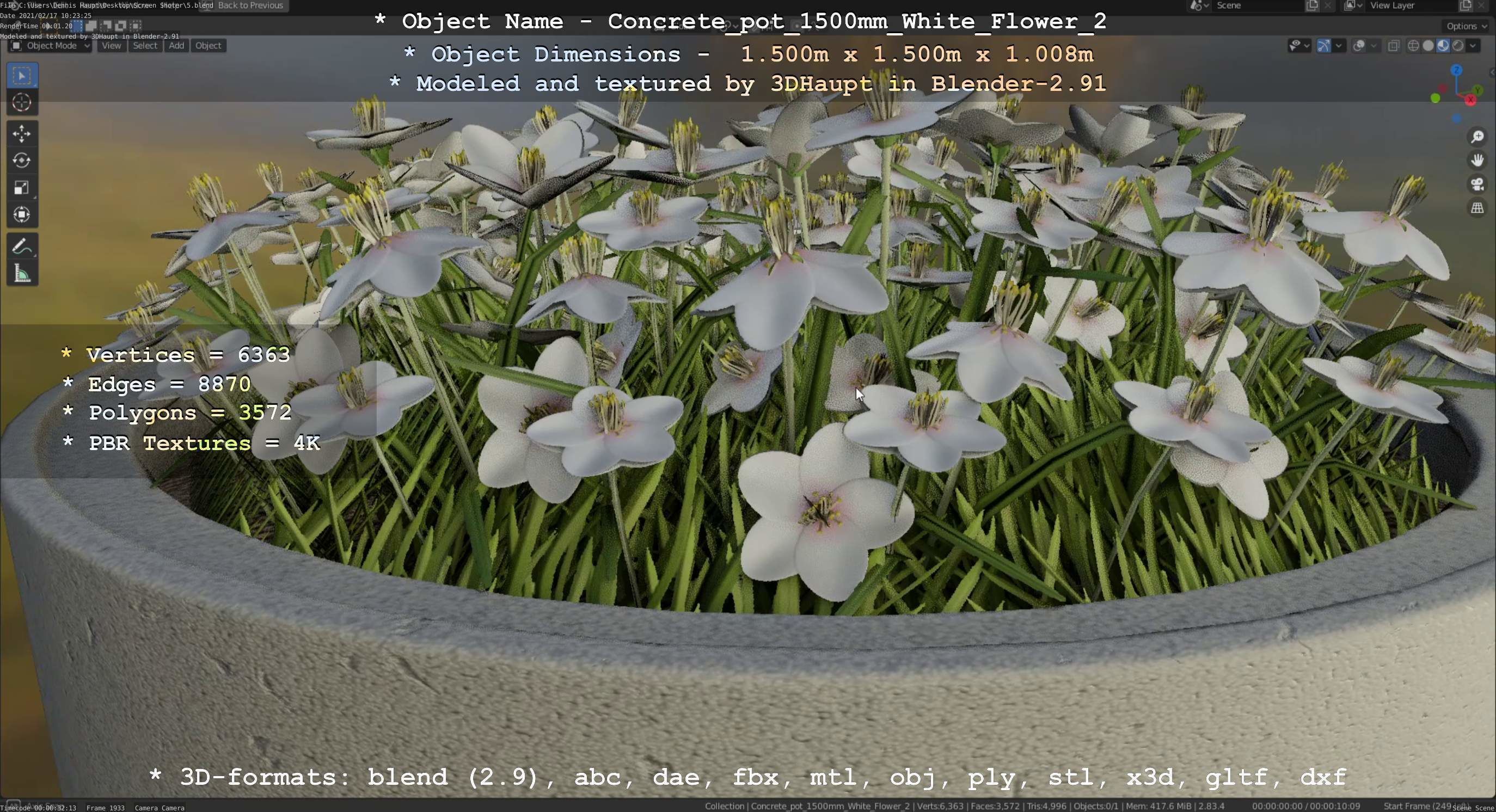 Concrete Pipe Pot 1500mm with White Version 2 Low-poly 3D model_118