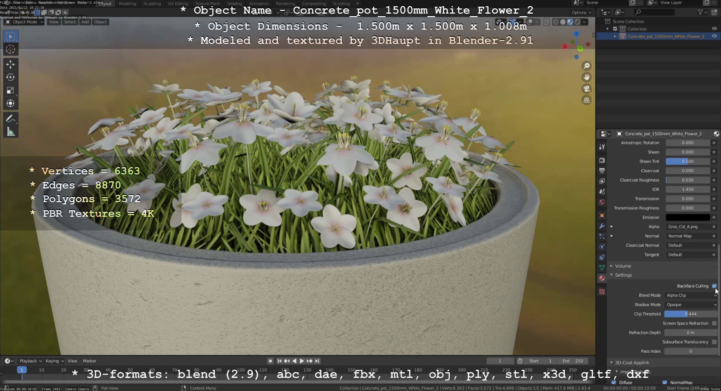 Concrete Pipe Pot 1500mm with White Version 2 Low-poly 3D model_97