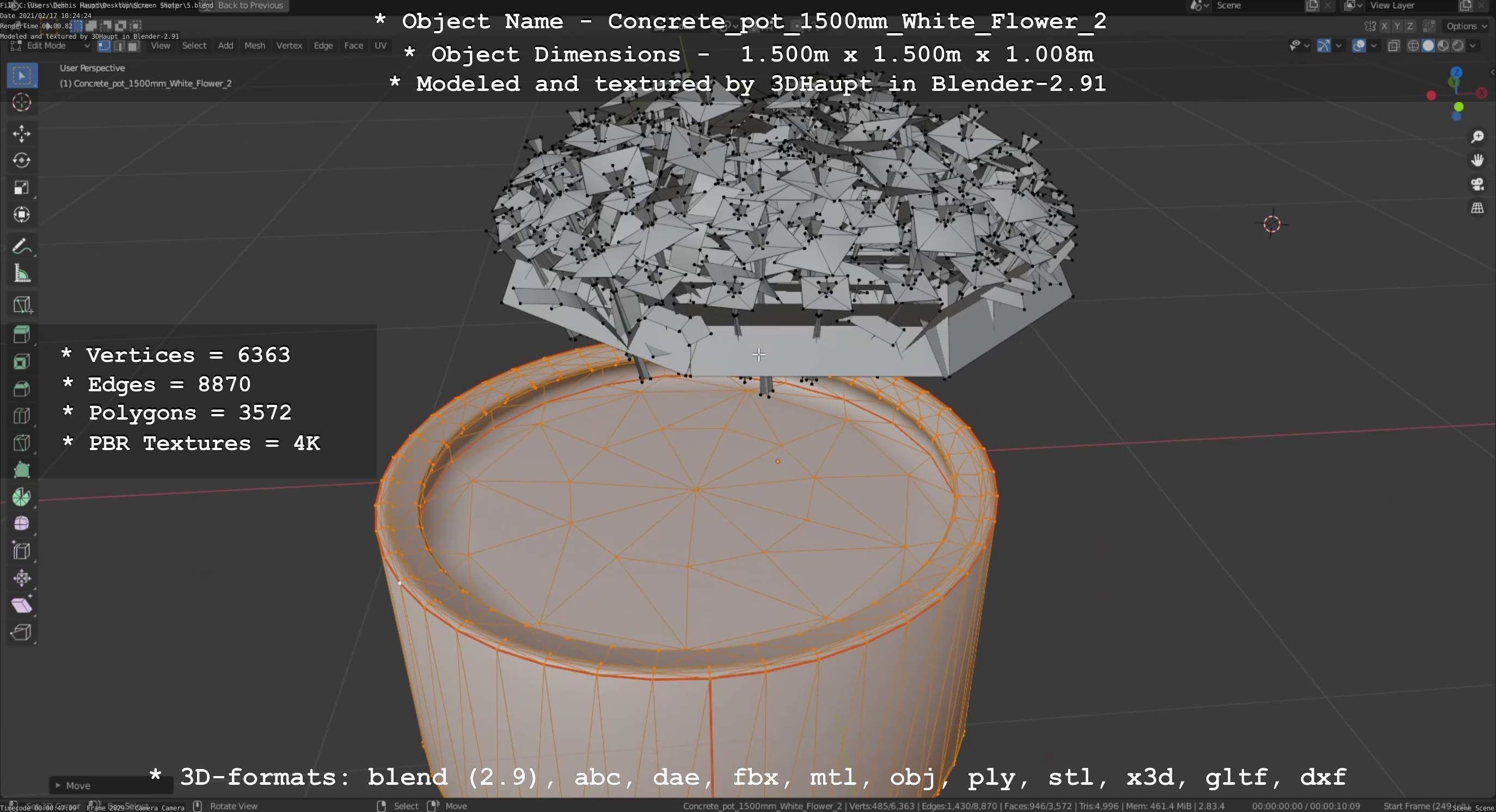 Concrete Pipe Pot 1500mm with White Version 2 Low-poly 3D model_54