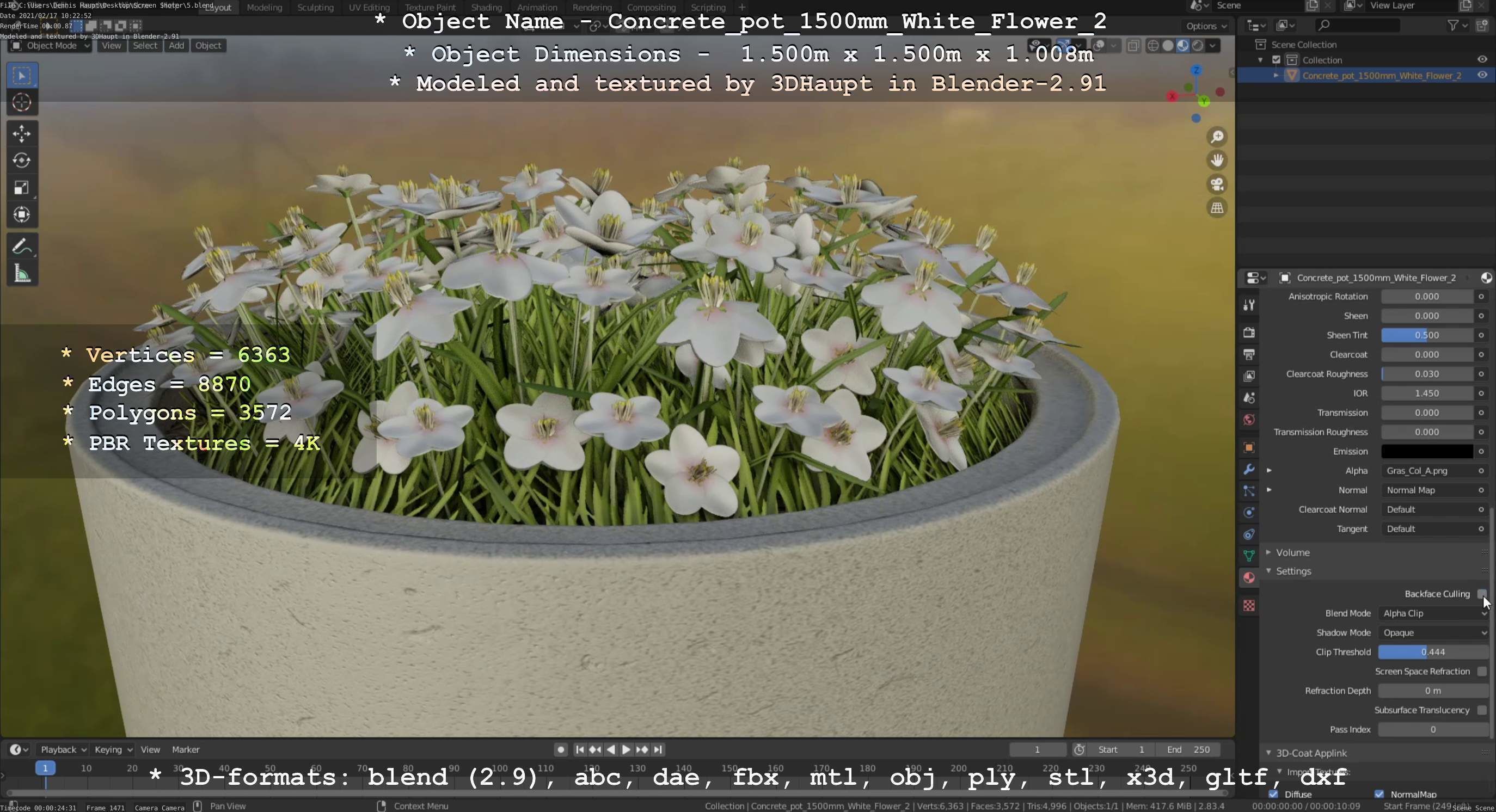 Concrete Pipe Pot 1500mm with White Version 2 Low-poly 3D model_99