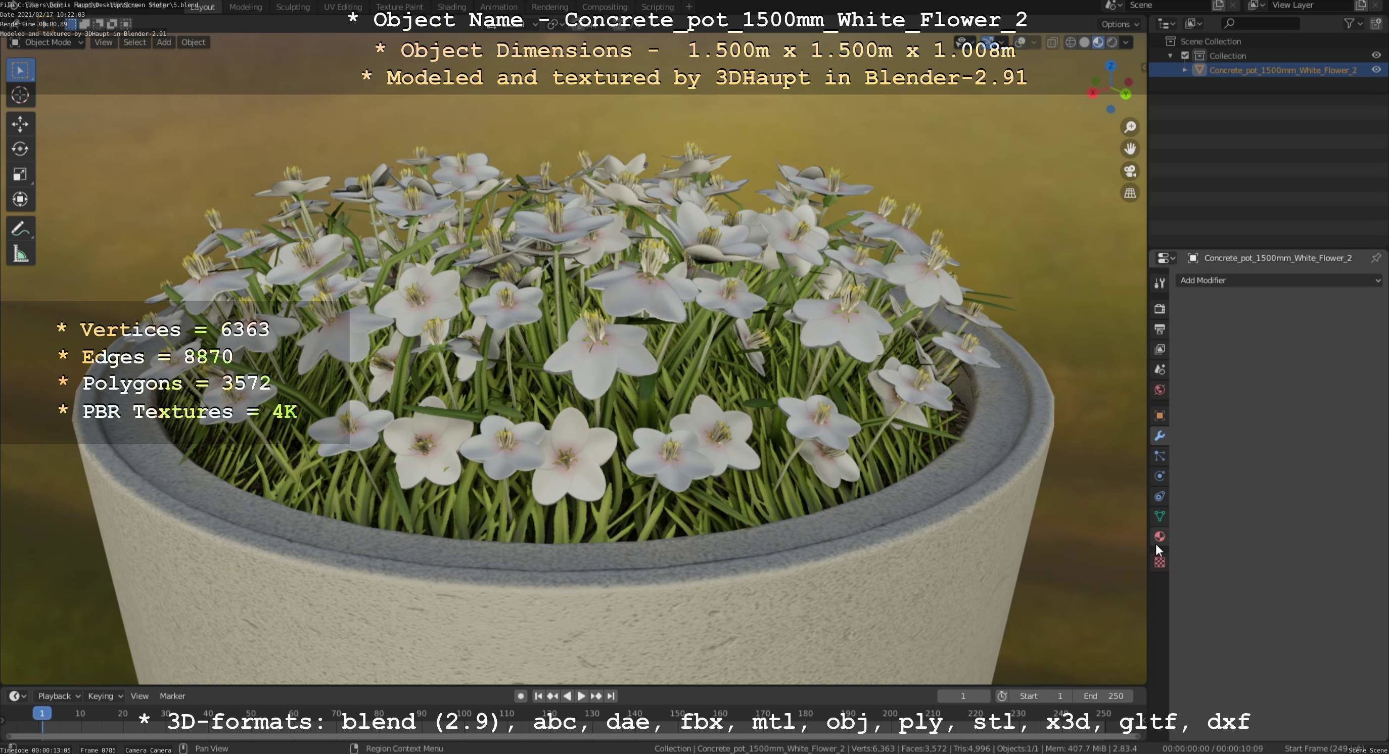 Concrete Pipe Pot 1500mm with White Version 2 Low-poly 3D model_13