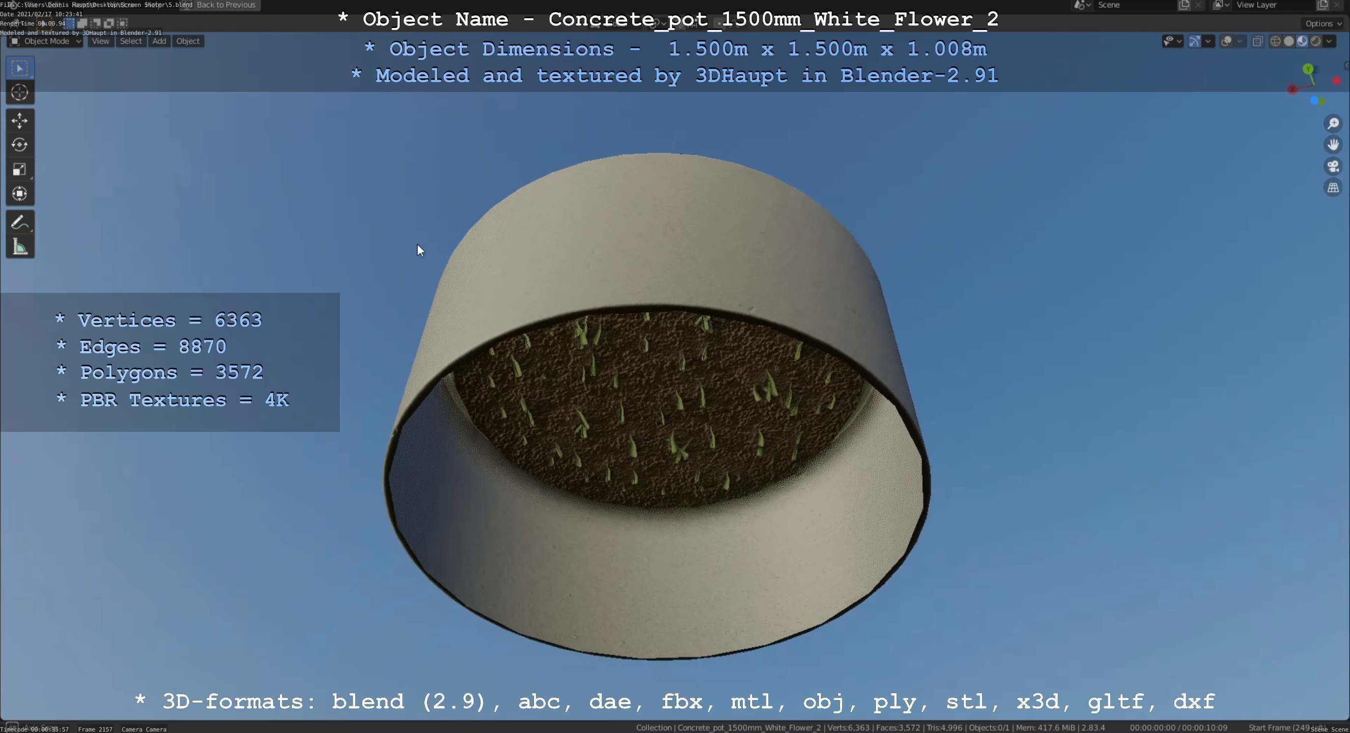Concrete Pipe Pot 1500mm with White Version 2 Low-poly 3D model_127