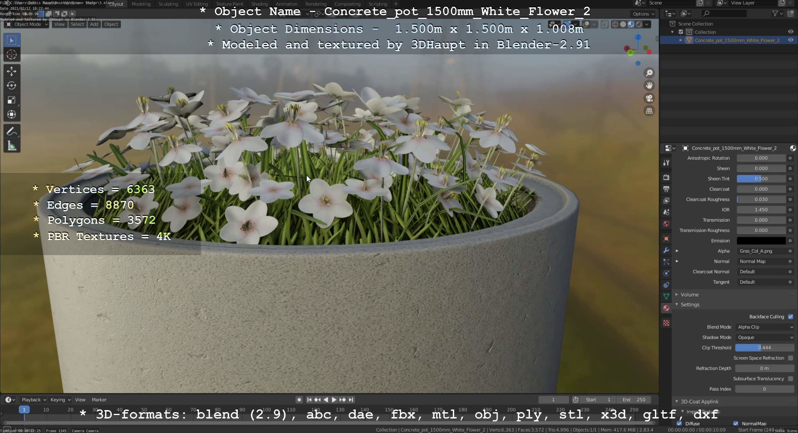 Concrete Pipe Pot 1500mm with White Version 2 Low-poly 3D model_95