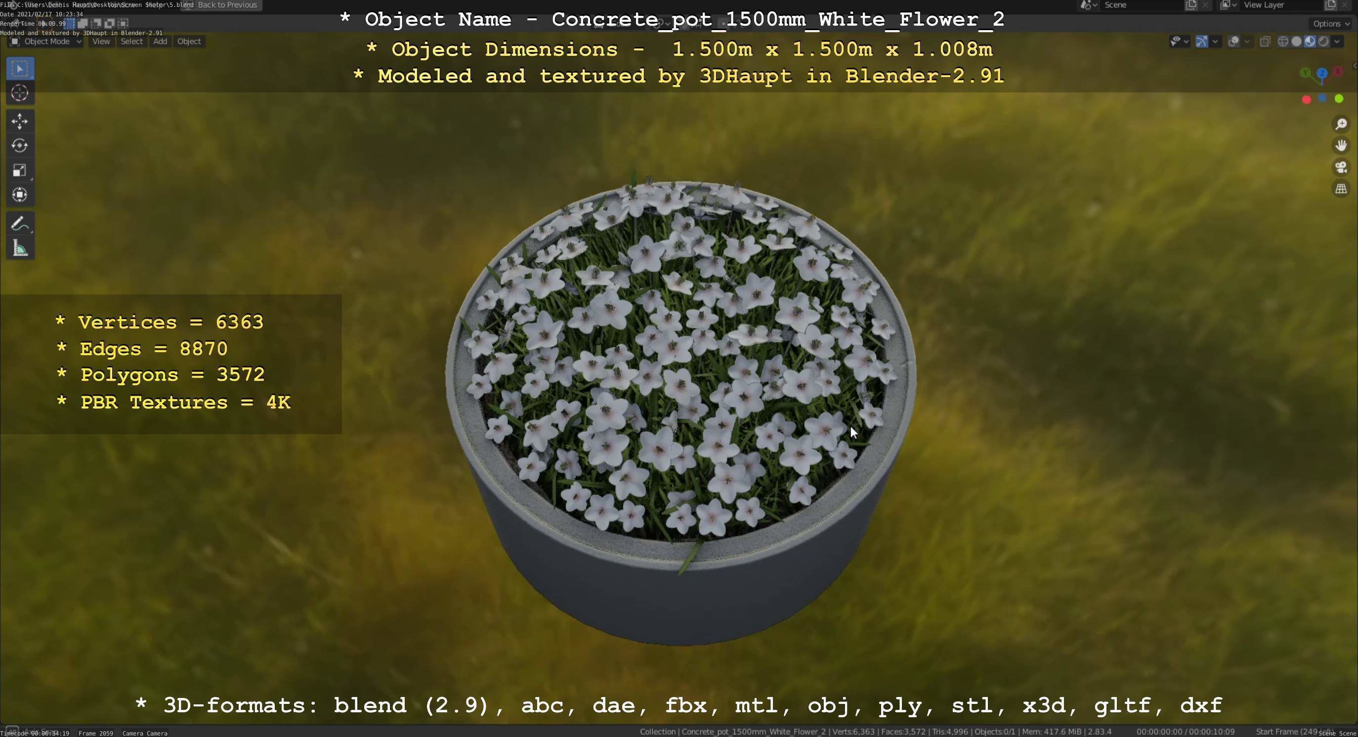 Concrete Pipe Pot 1500mm with White Version 2 Low-poly 3D model_120