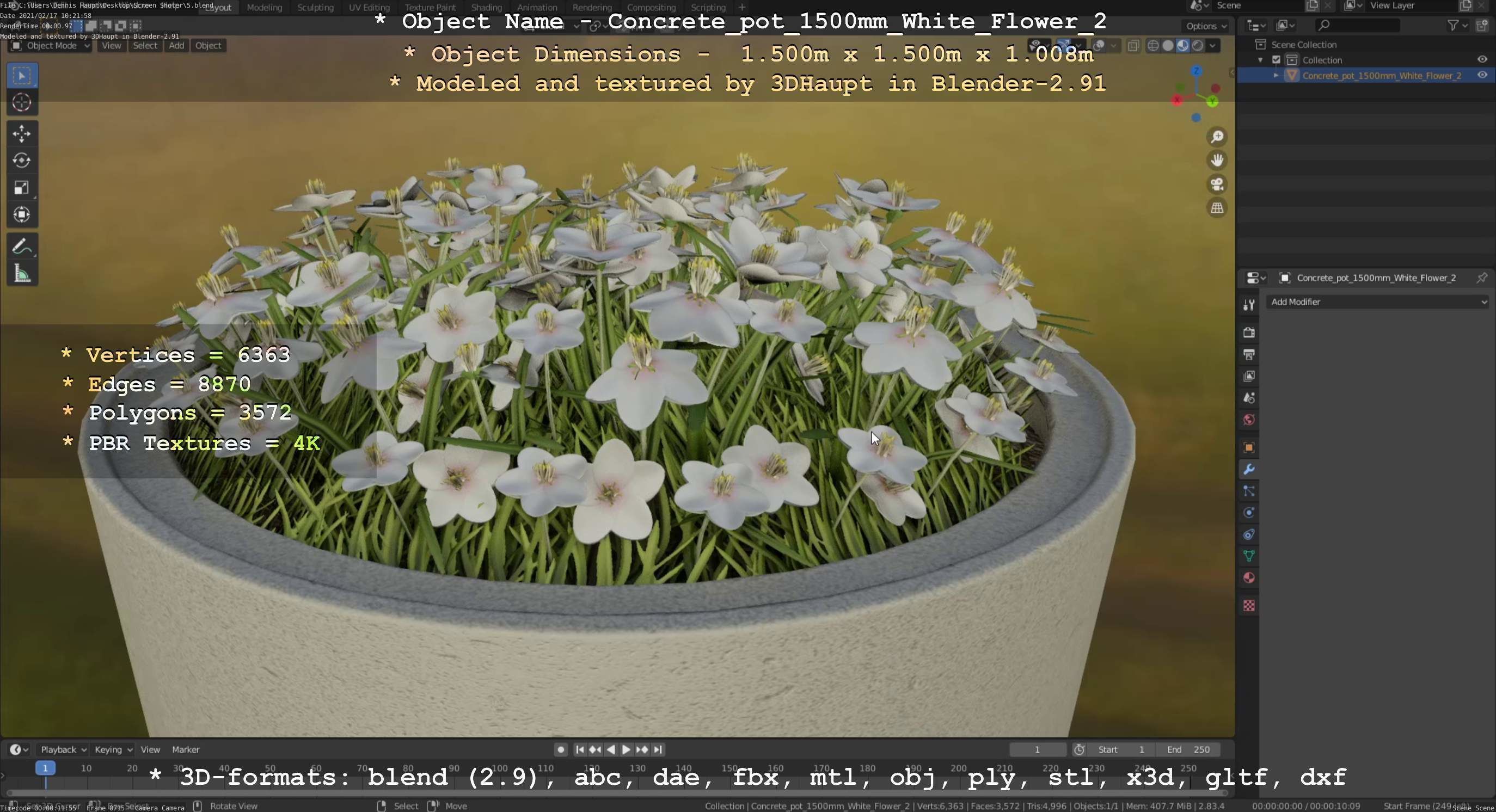 Concrete Pipe Pot 1500mm with White Version 2 Low-poly 3D model_2