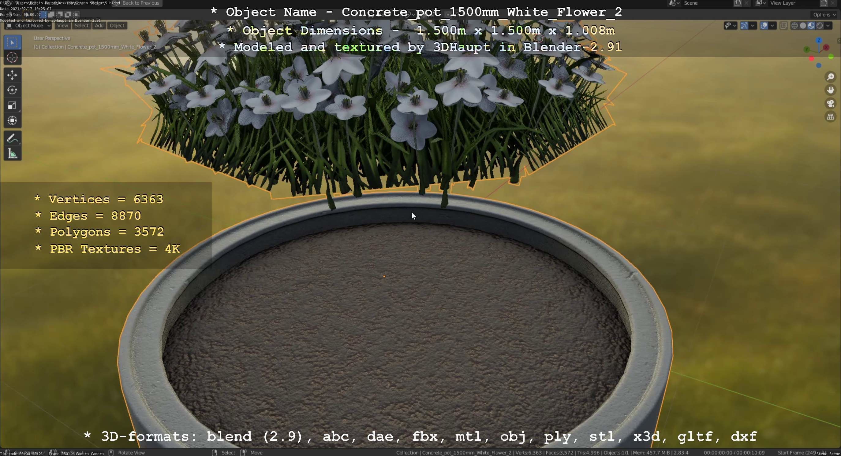 Concrete Pipe Pot 1500mm with White Version 2 Low-poly 3D model_23