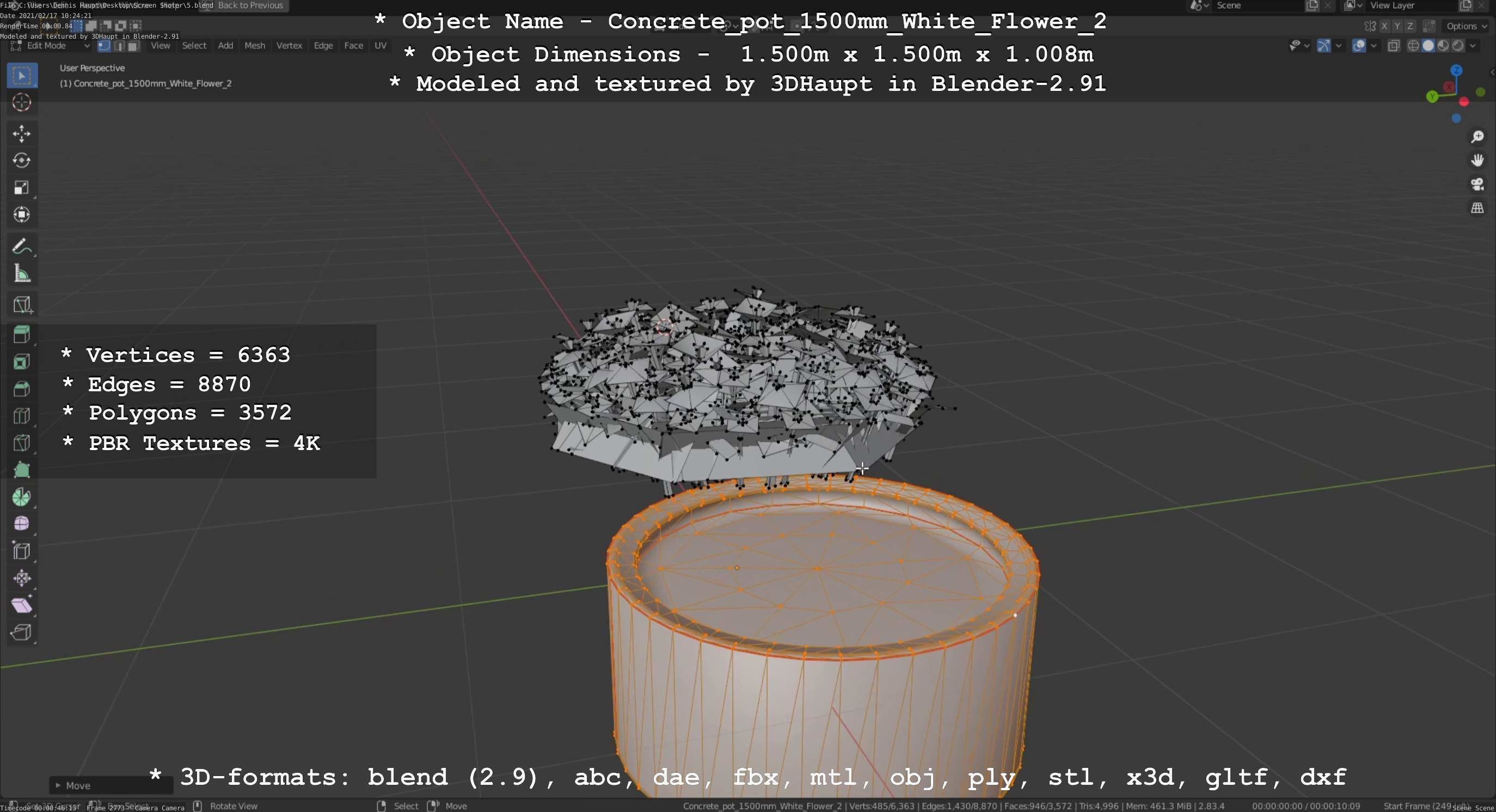 Concrete Pipe Pot 1500mm with White Version 2 Low-poly 3D model_51