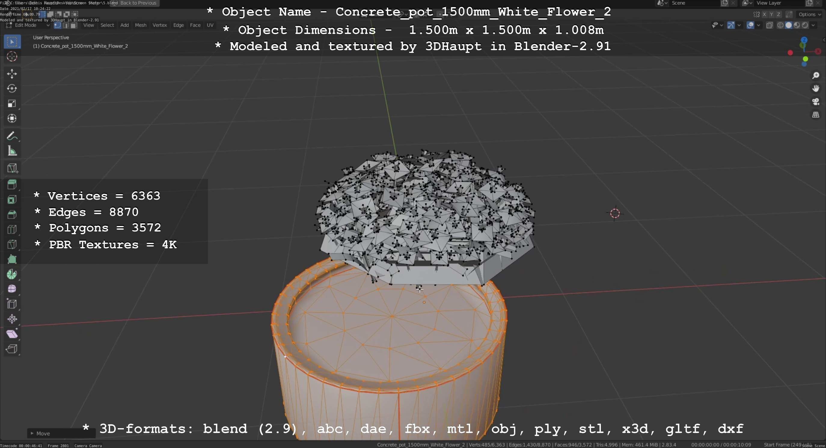 Concrete Pipe Pot 1500mm with White Version 2 Low-poly 3D model_53