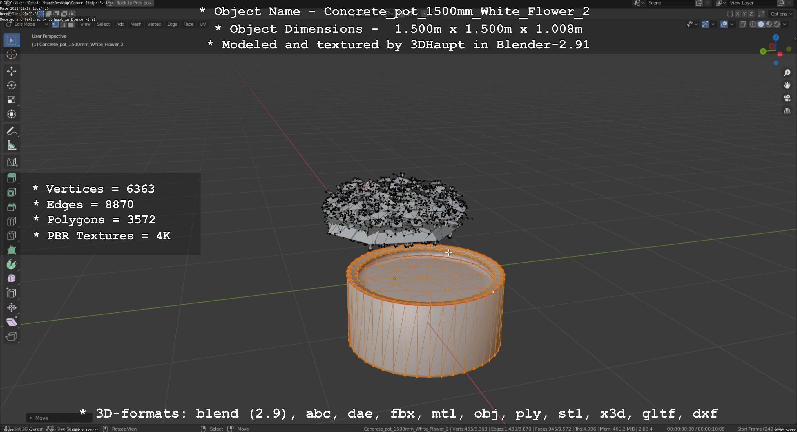 Concrete Pipe Pot 1500mm with White Version 2 Low-poly 3D model_50