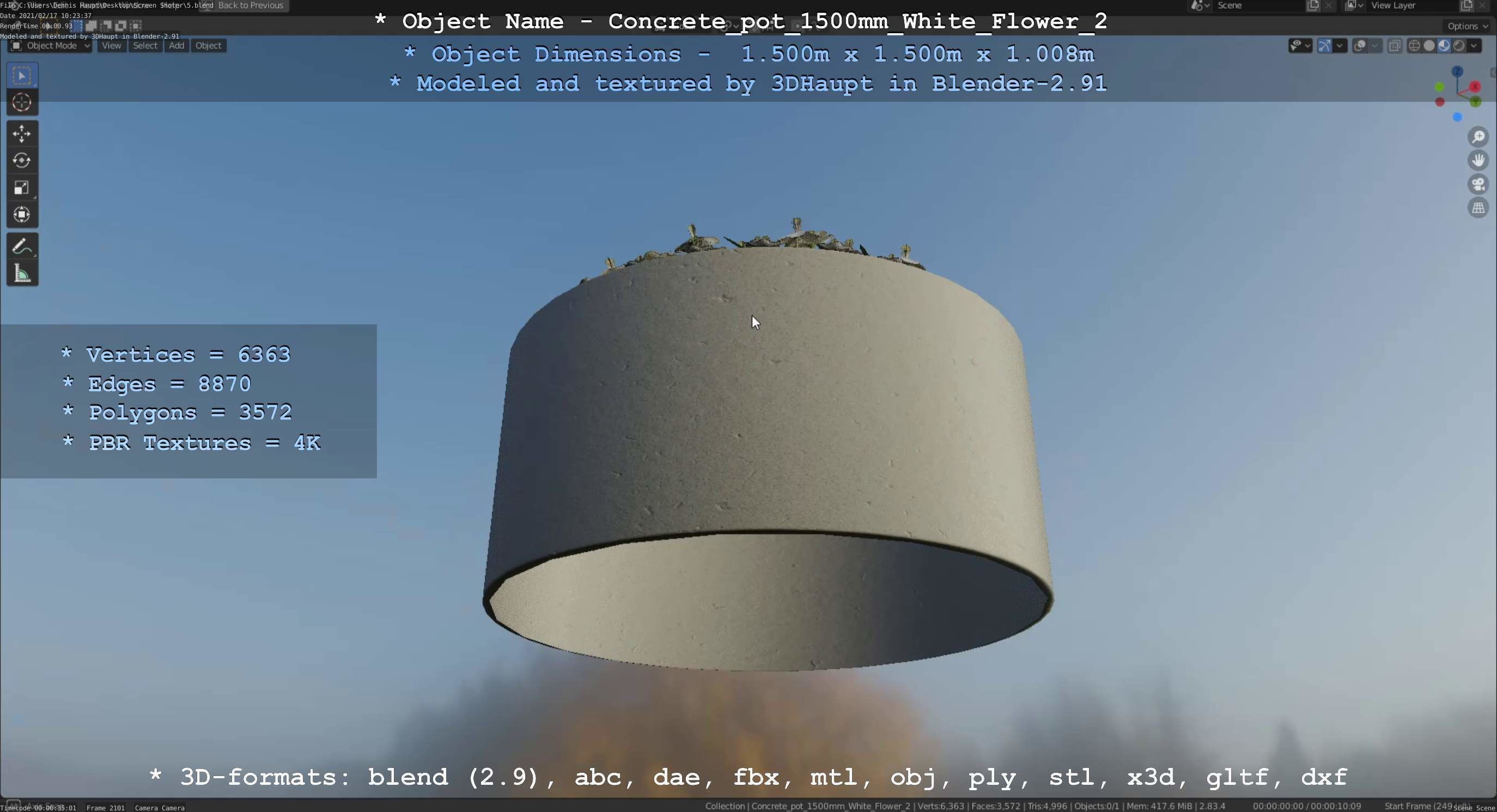 Concrete Pipe Pot 1500mm with White Version 2 Low-poly 3D model_124