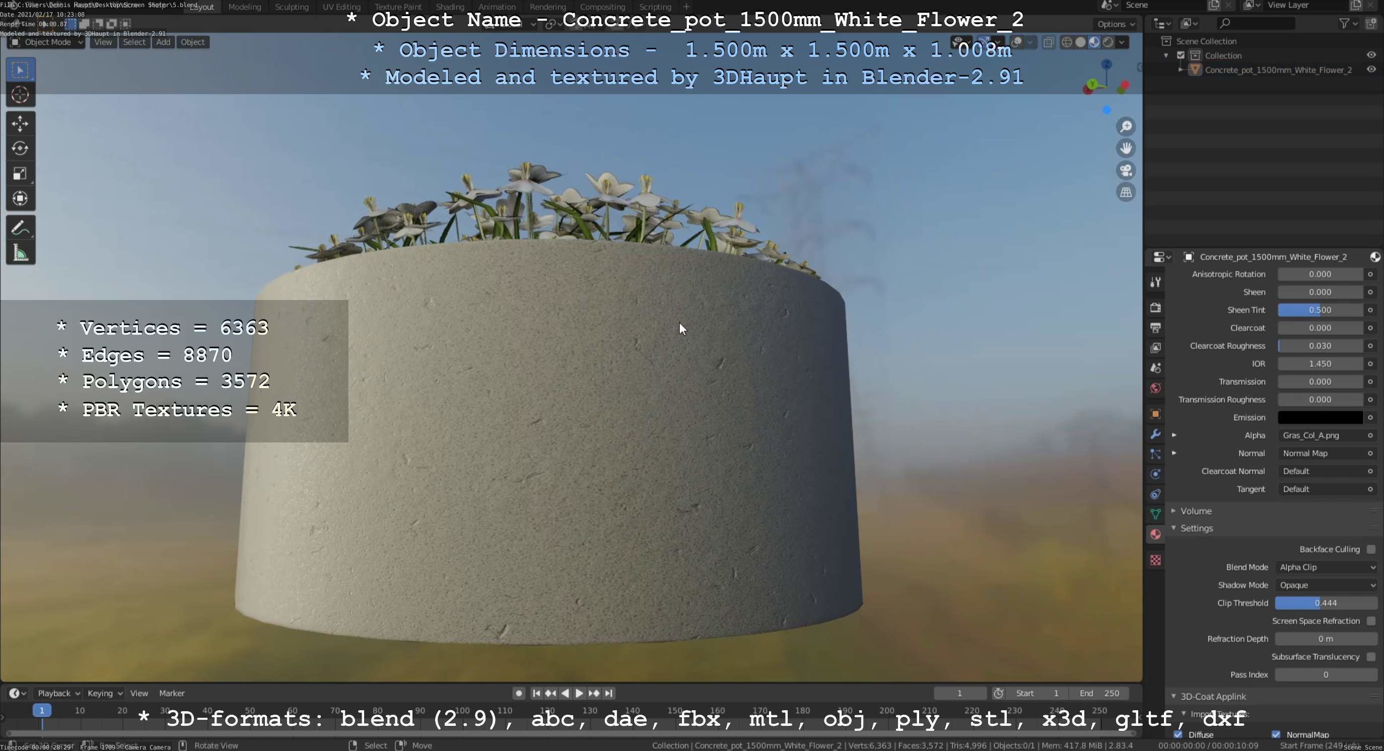 Concrete Pipe Pot 1500mm with White Version 2 Low-poly 3D model_110