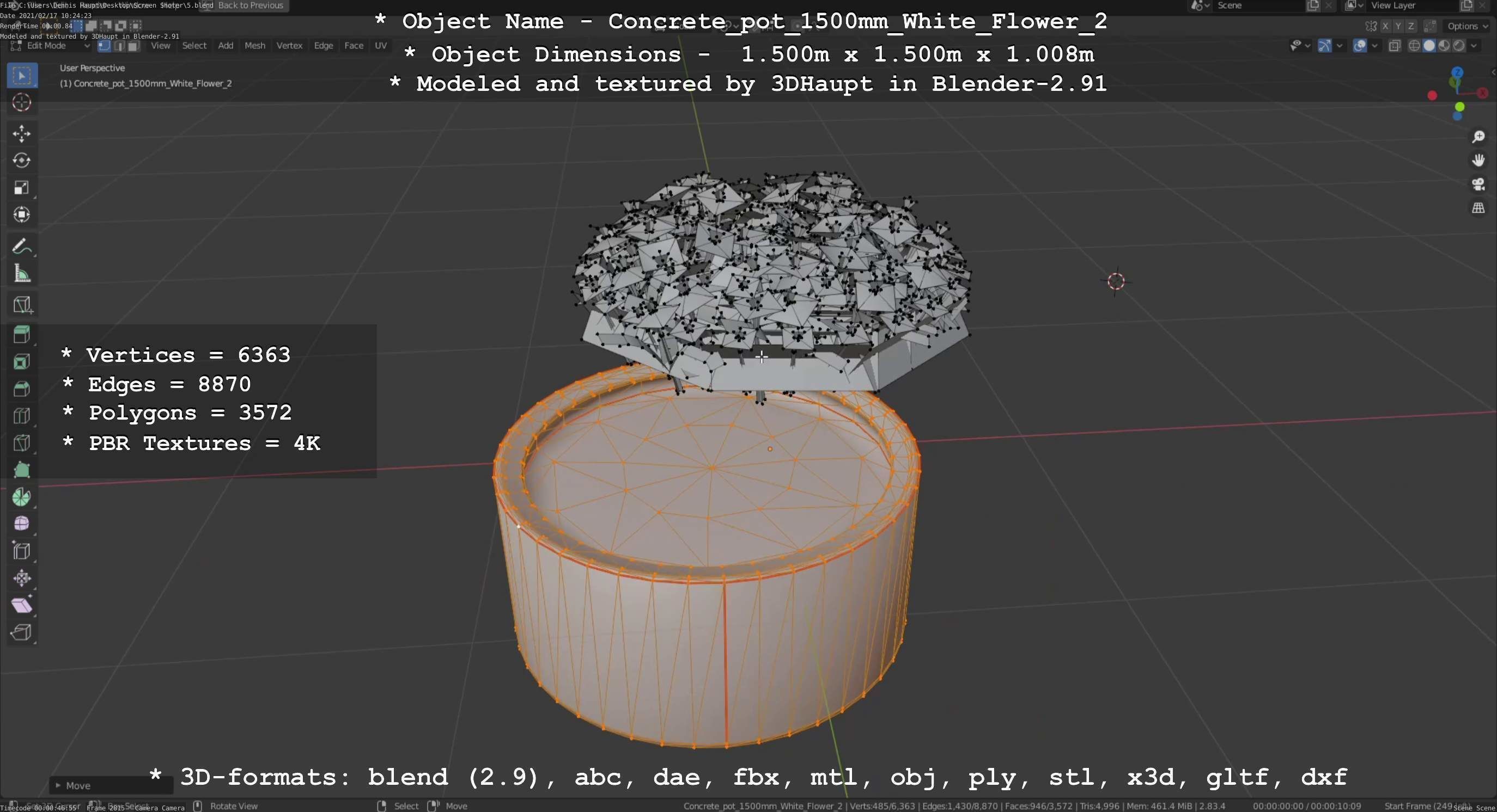 Concrete Pipe Pot 1500mm with White Version 2 Low-poly 3D model_14