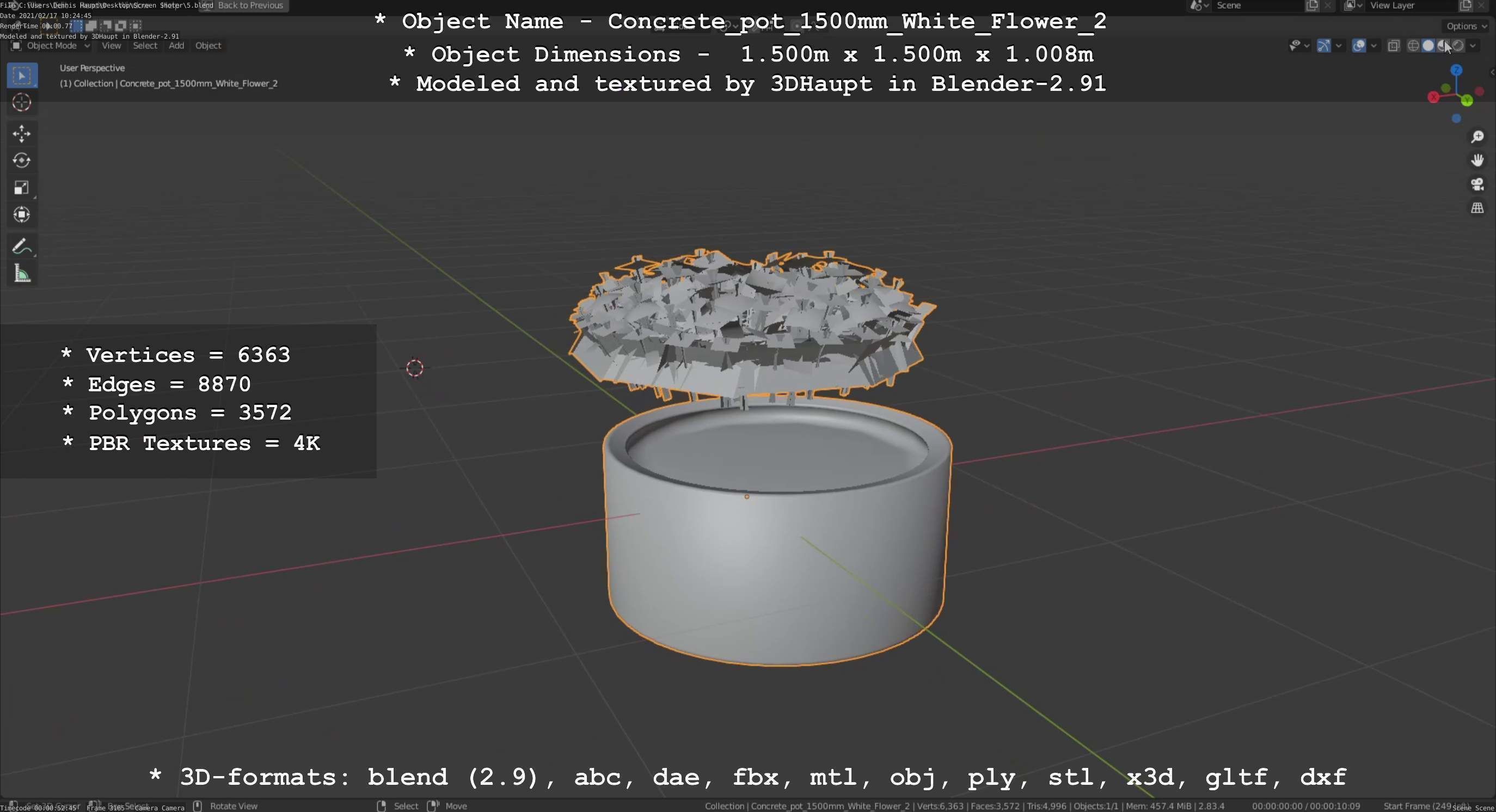 Concrete Pipe Pot 1500mm with White Version 2 Low-poly 3D model_17